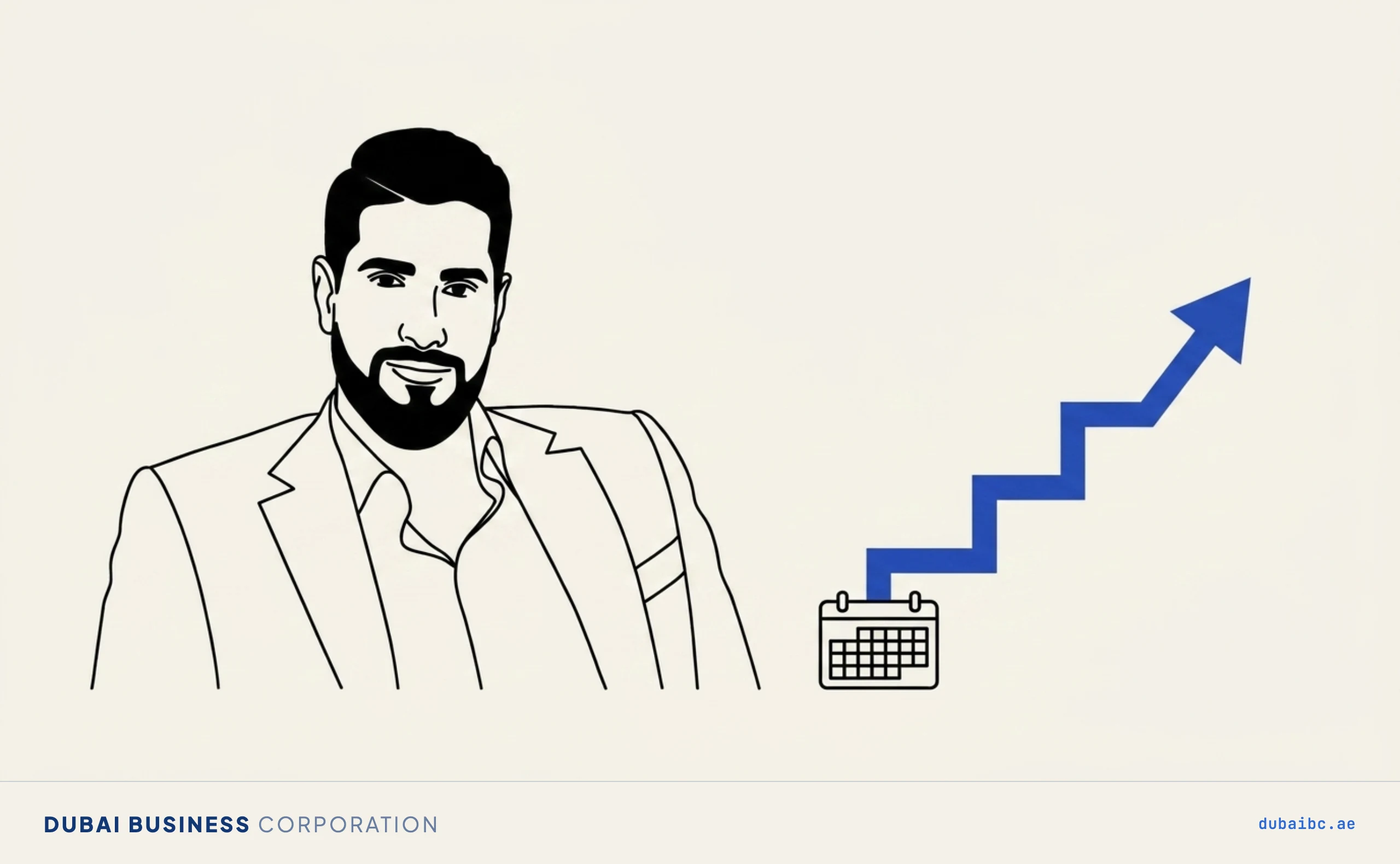 Line drawing of a man watching a single royal-blue stair-step arrow climb upward from a small calendar.