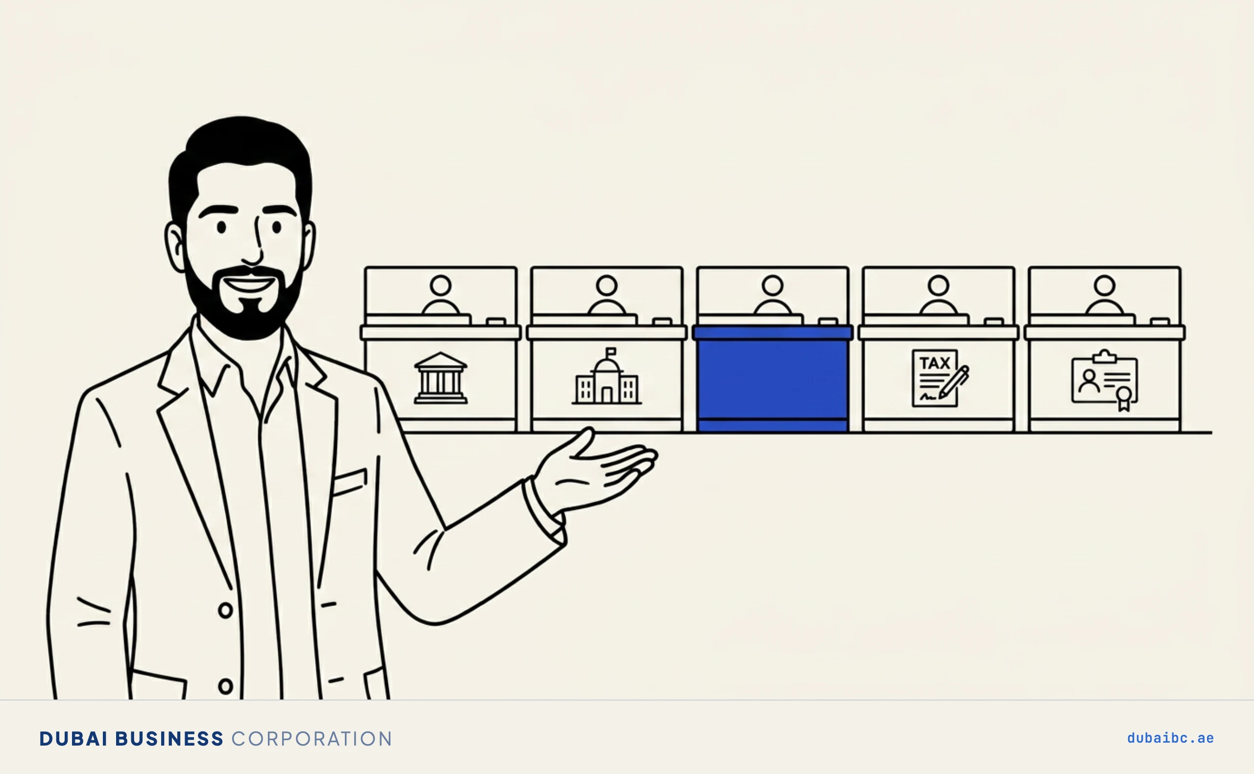 Line drawing of a man gesturing at a row of four service counters, one filled royal-blue.