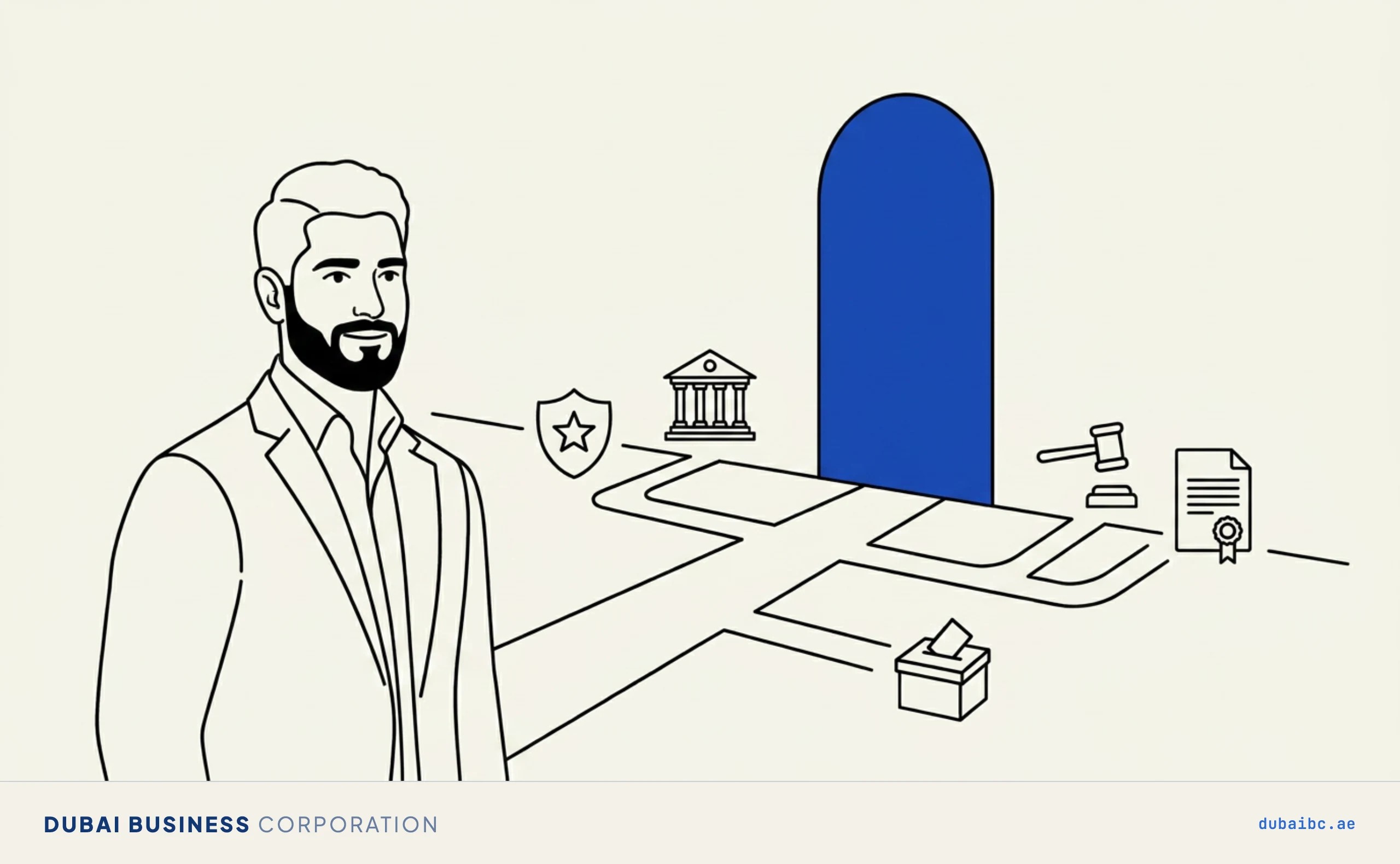 Line drawing of a man facing a single royal-blue archway doorway with plain paths branching toward small icons.