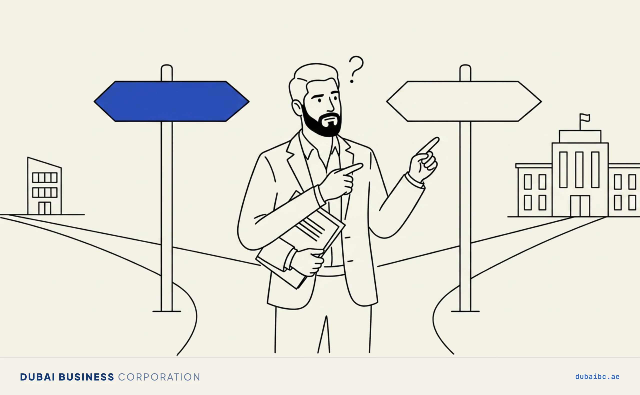 Line drawing of a man at a path fork with two blank arrow signboards, the left one royal-blue.