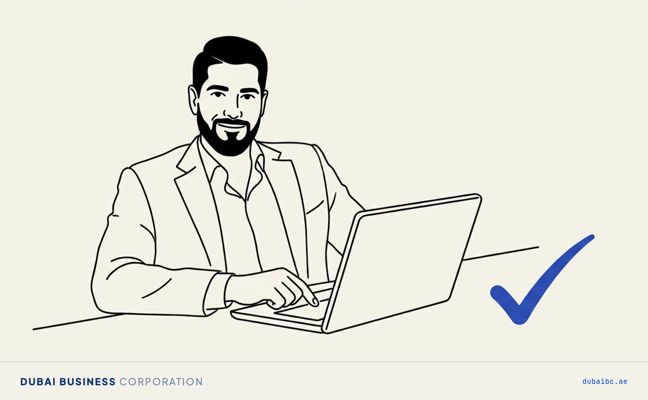 Line drawing of a man tapping a laptop where a single blue checkmark confirms a submitted claim.