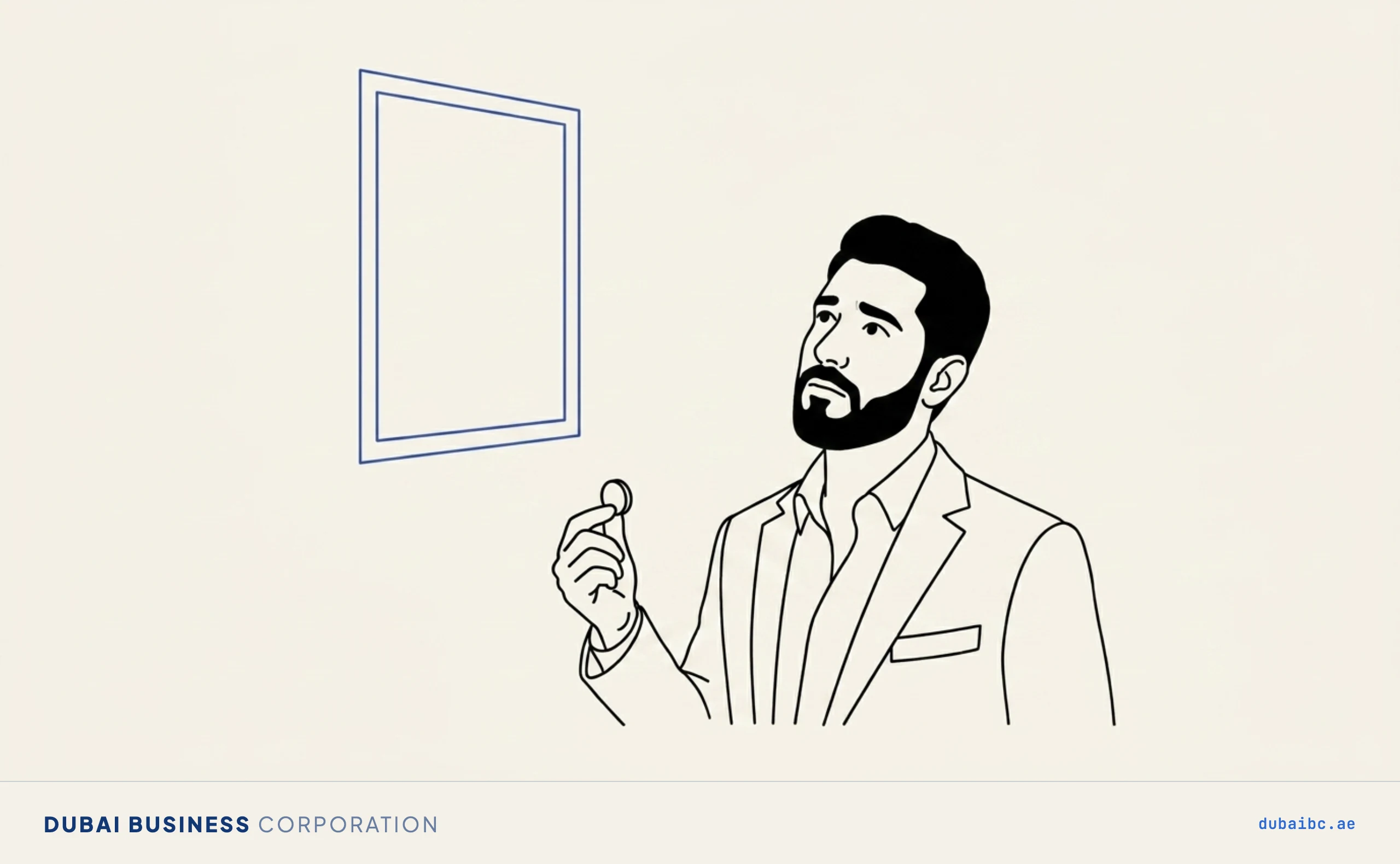 Line drawing of a man looking up at a large blank blue penalty notice on the wall that dwarfs the single coin in his hand.
