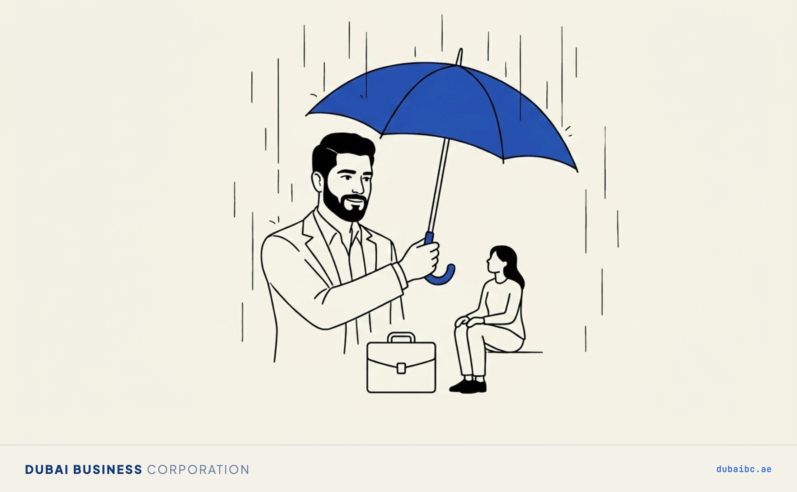 Line drawing of a man holding a large blue umbrella that shelters a briefcase and a seated person from the rain, standing for unemployment cover.