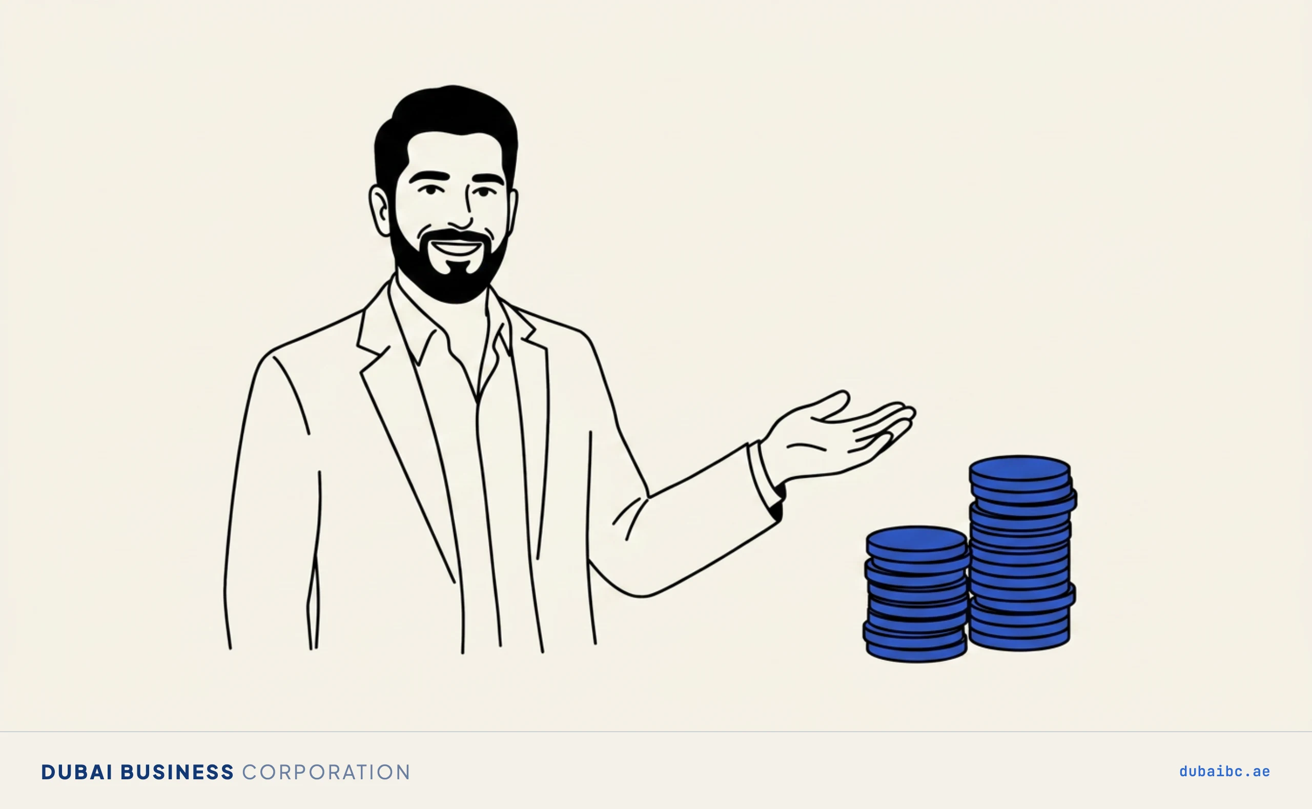 Line drawing of a man gesturing at two short blue stacks of coins of slightly different heights, representing the two ILOE premium tiers.
