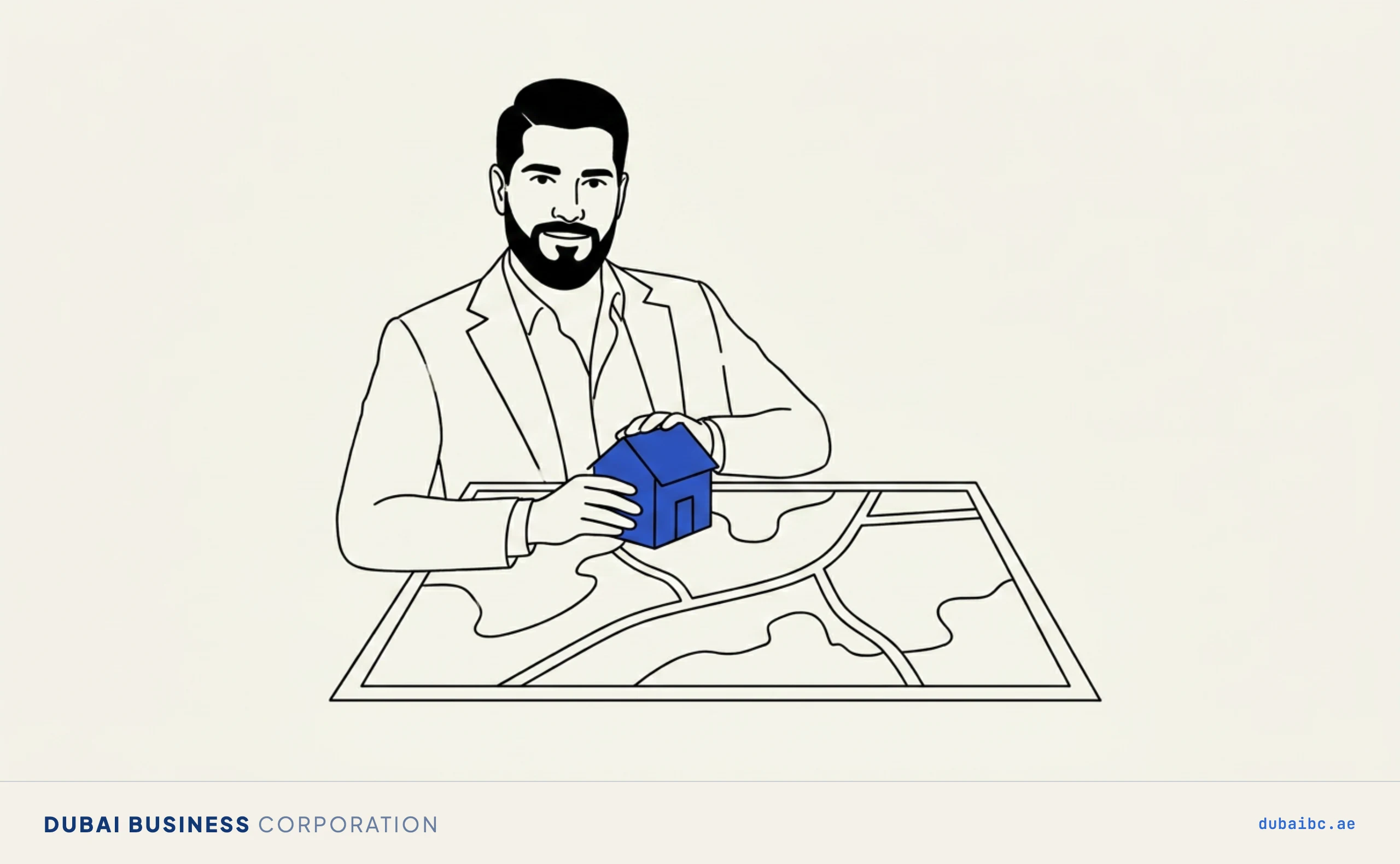 Ali holding a house over a map, holding Dubai property