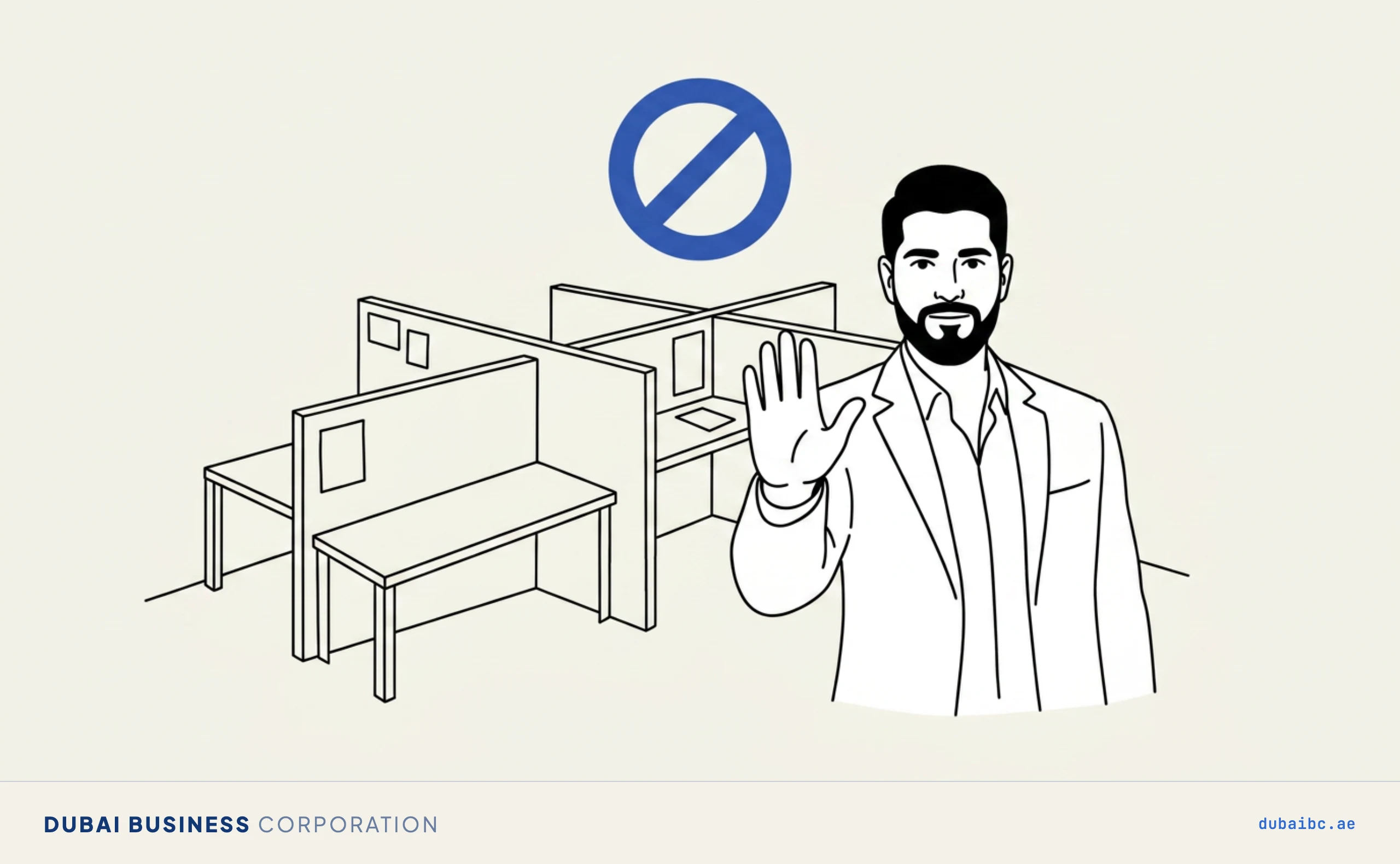 Ali signalling stop beside a no-entry symbol over an illegal bed-space room