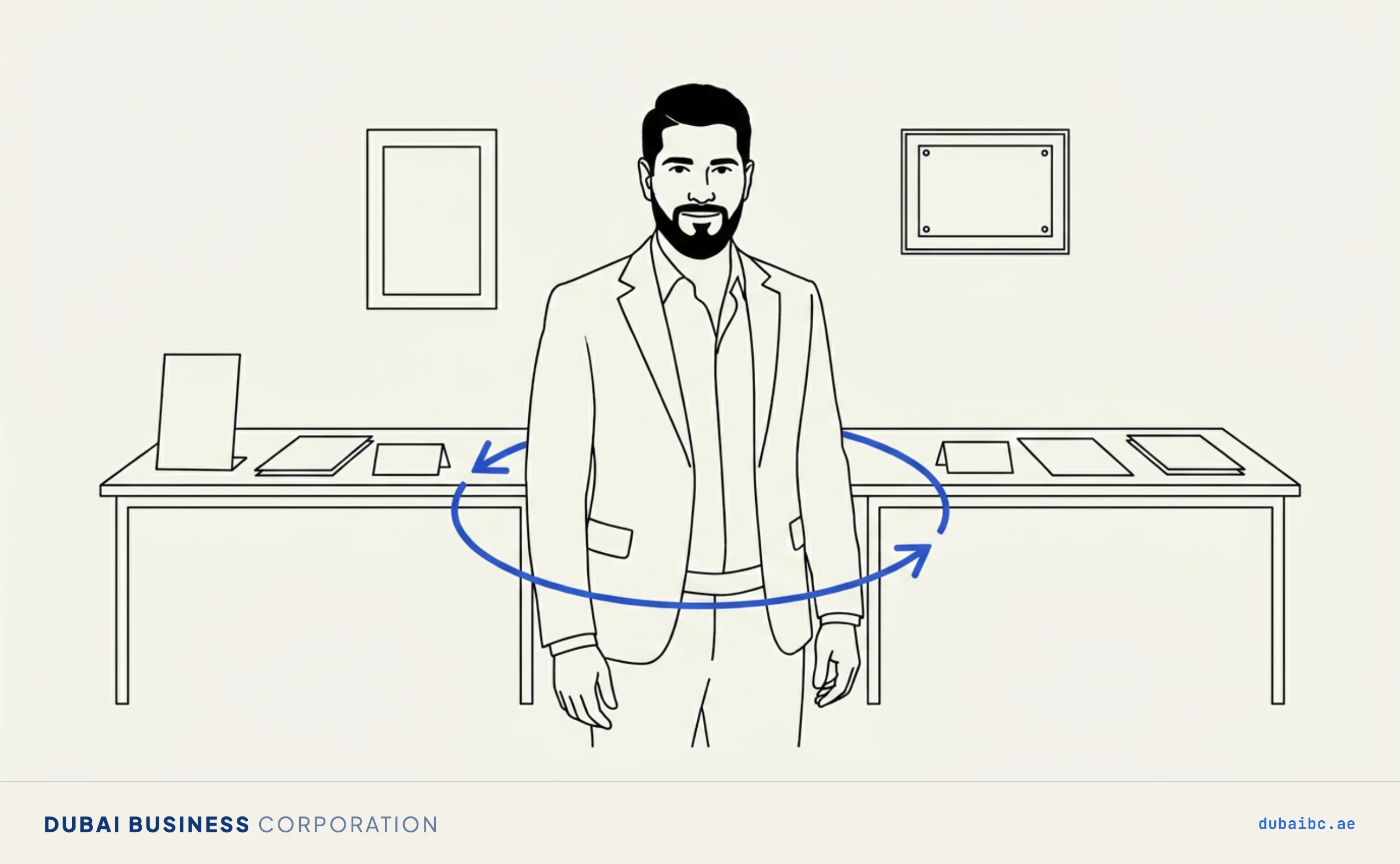 Ali between two desks with swap arrows, changing jobs