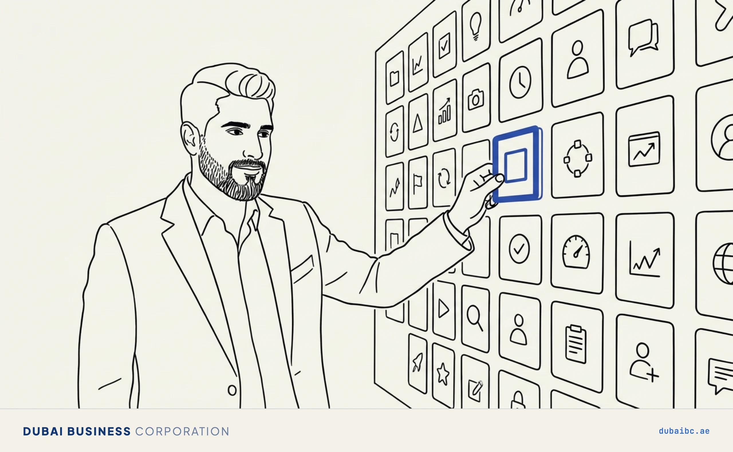 Line drawing of a man selecting activity tiles from a wall, one royal-blue.