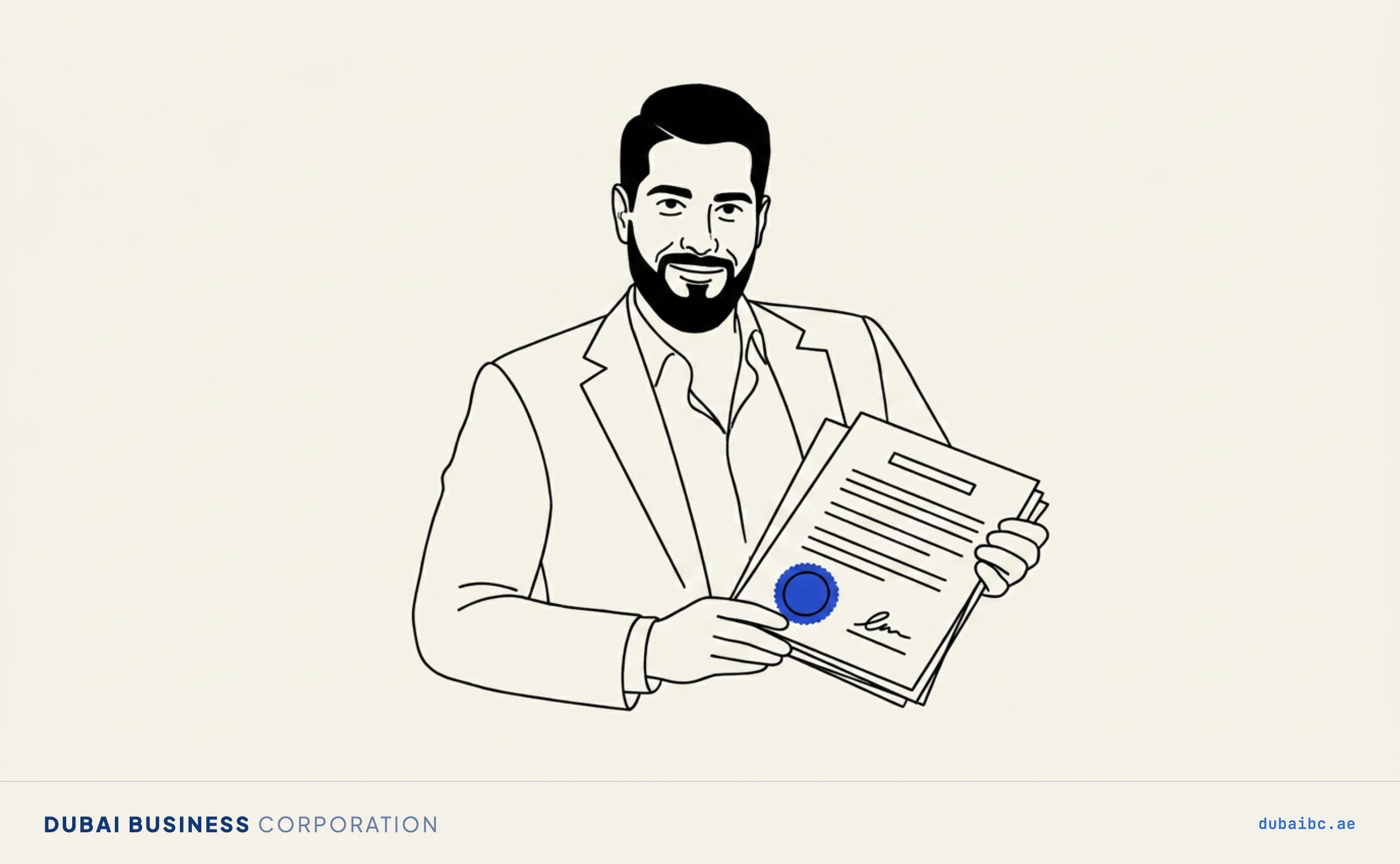 Line drawing of a man holding an annual contract carrying a single royal-blue seal.