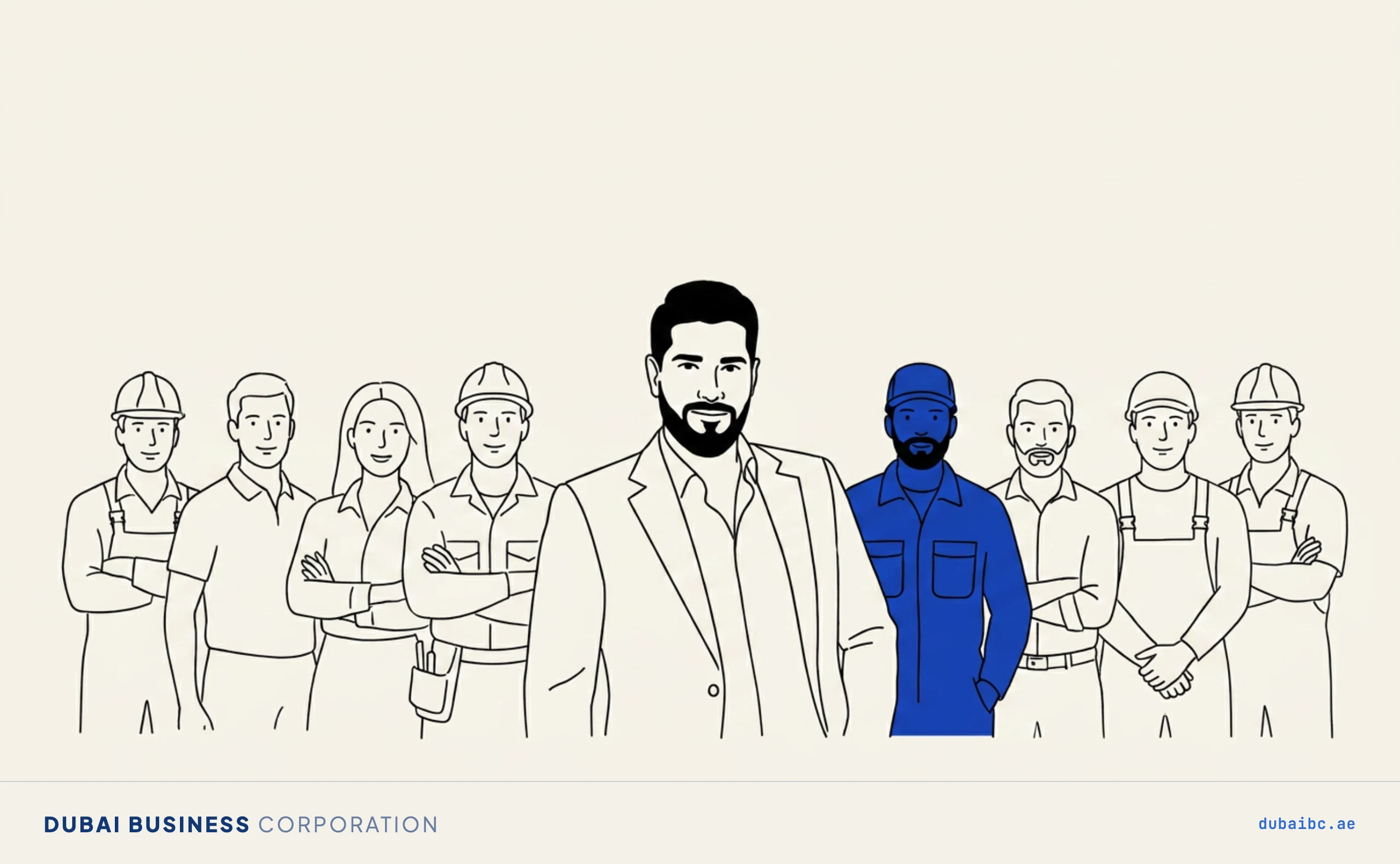 Line drawing of a man standing with a crew of technicians, one royal-blue.