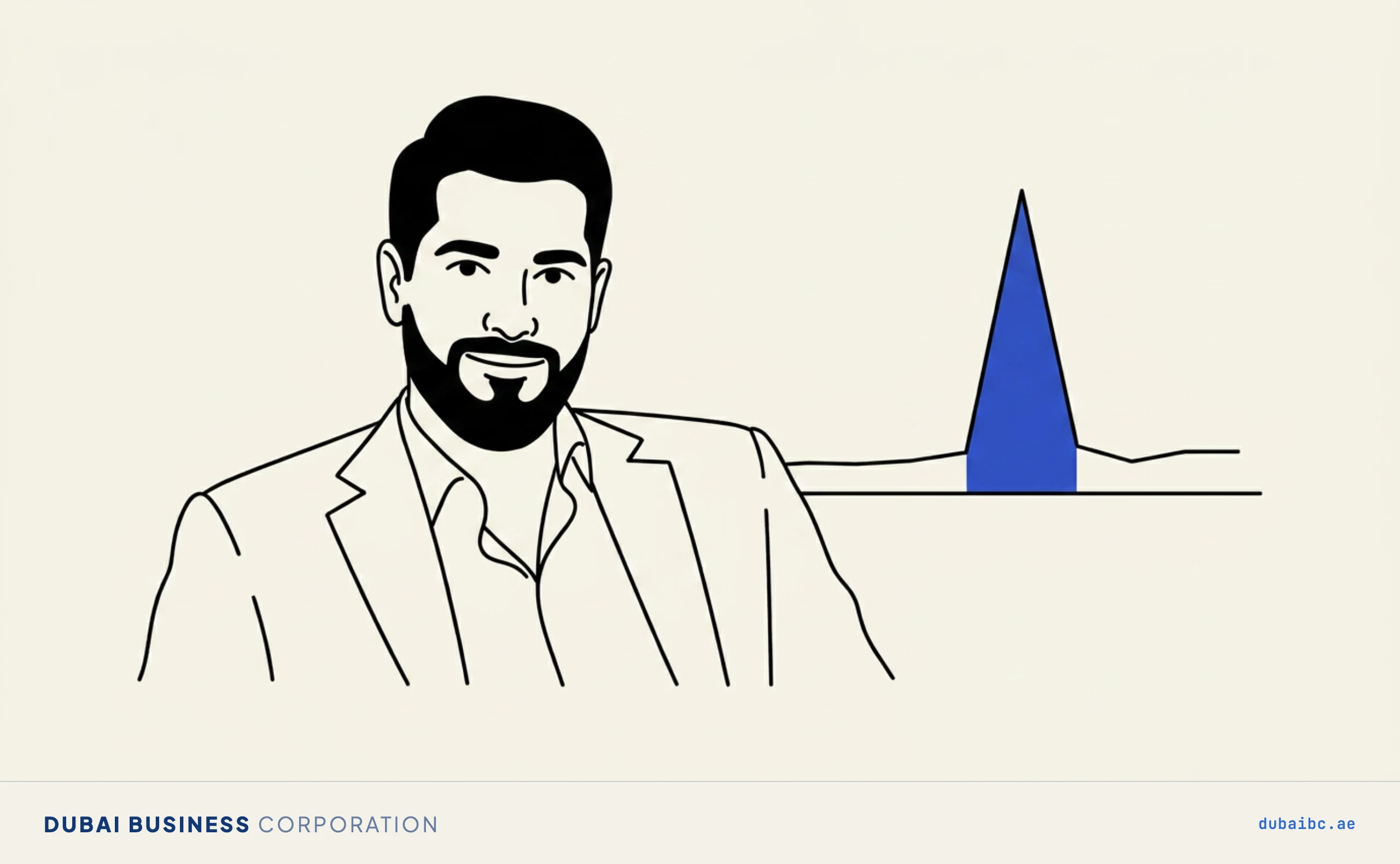 Line drawing of a man watching a single royal-blue peak rise on a plain year line.