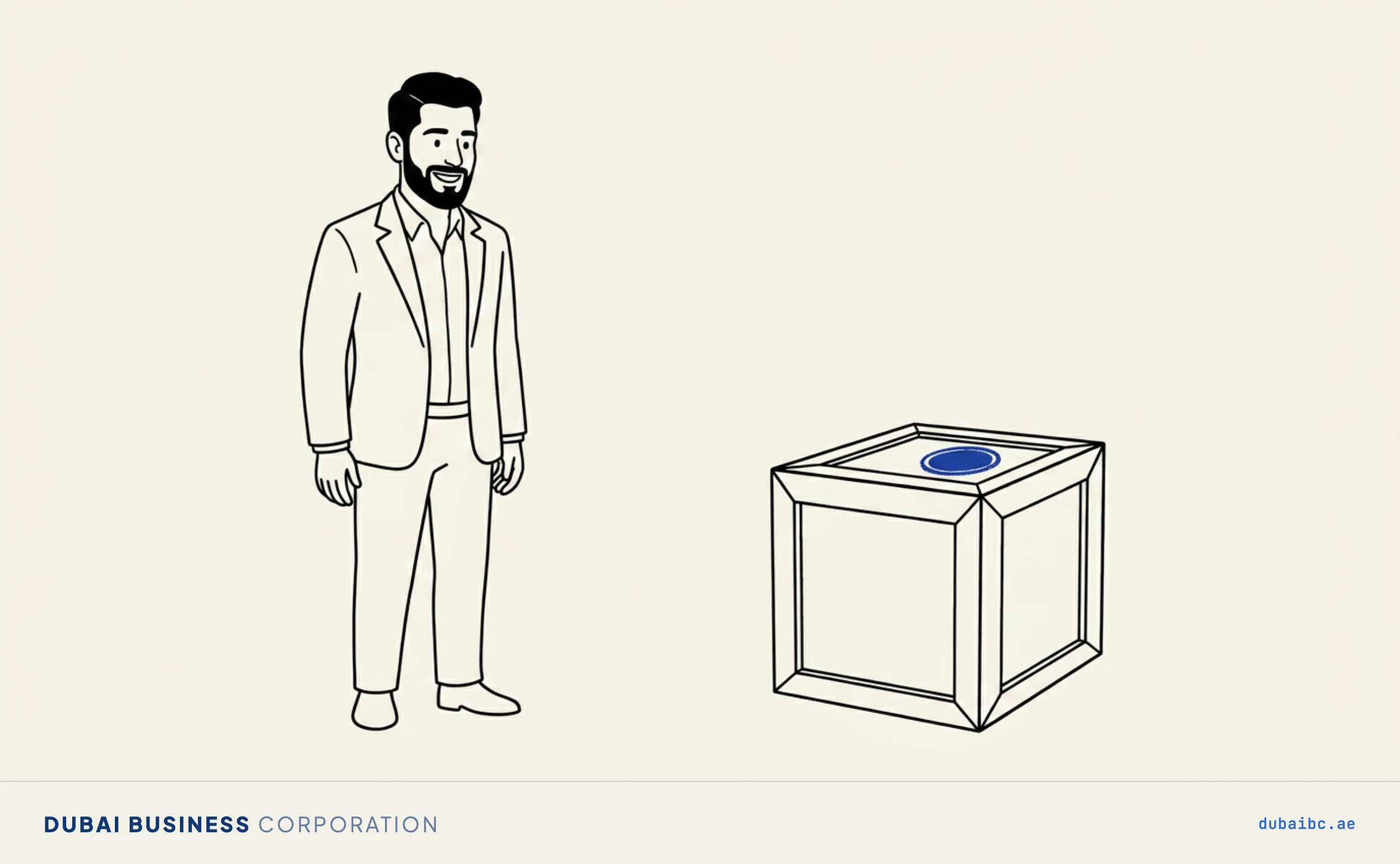Line drawing of a man watching a shipping crate receive a single royal-blue clearance stamp.