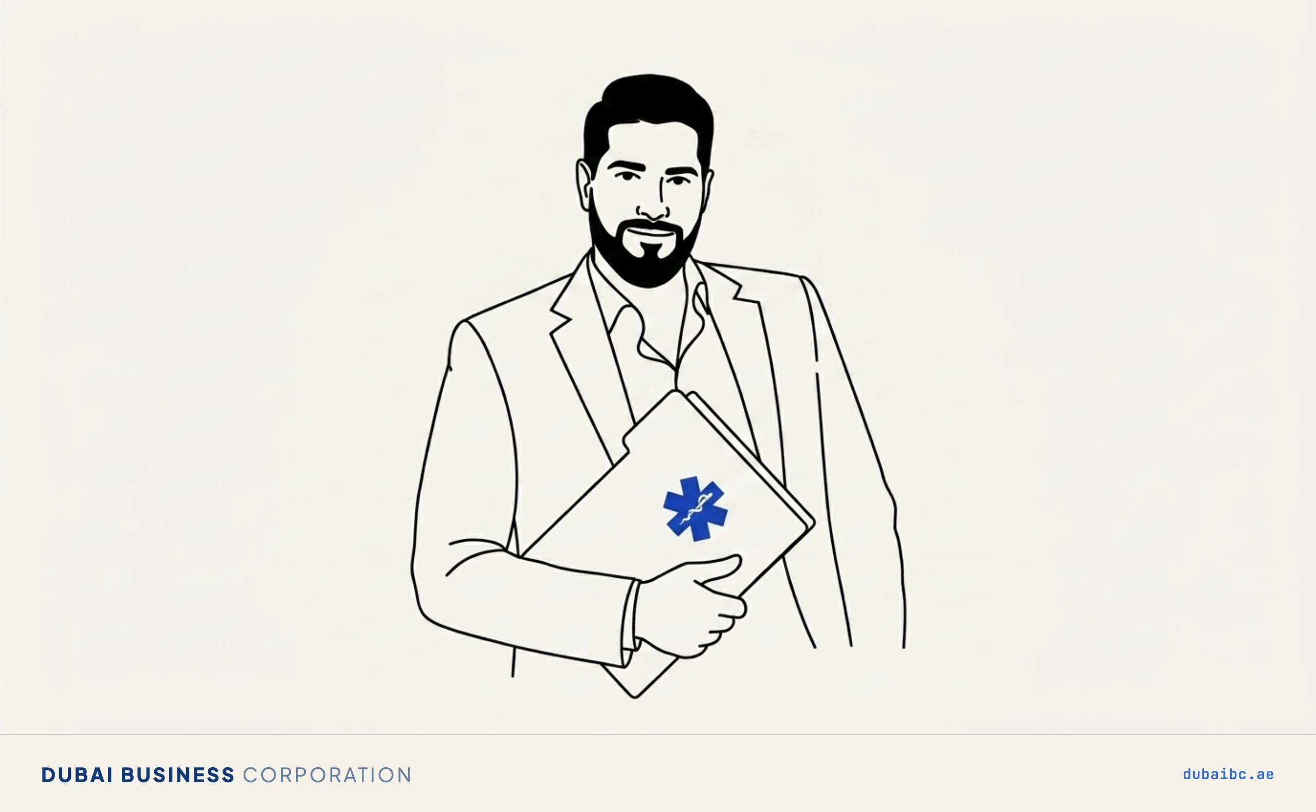 Line drawing of a man holding a company file marked with a single royal-blue health-ministry seal.