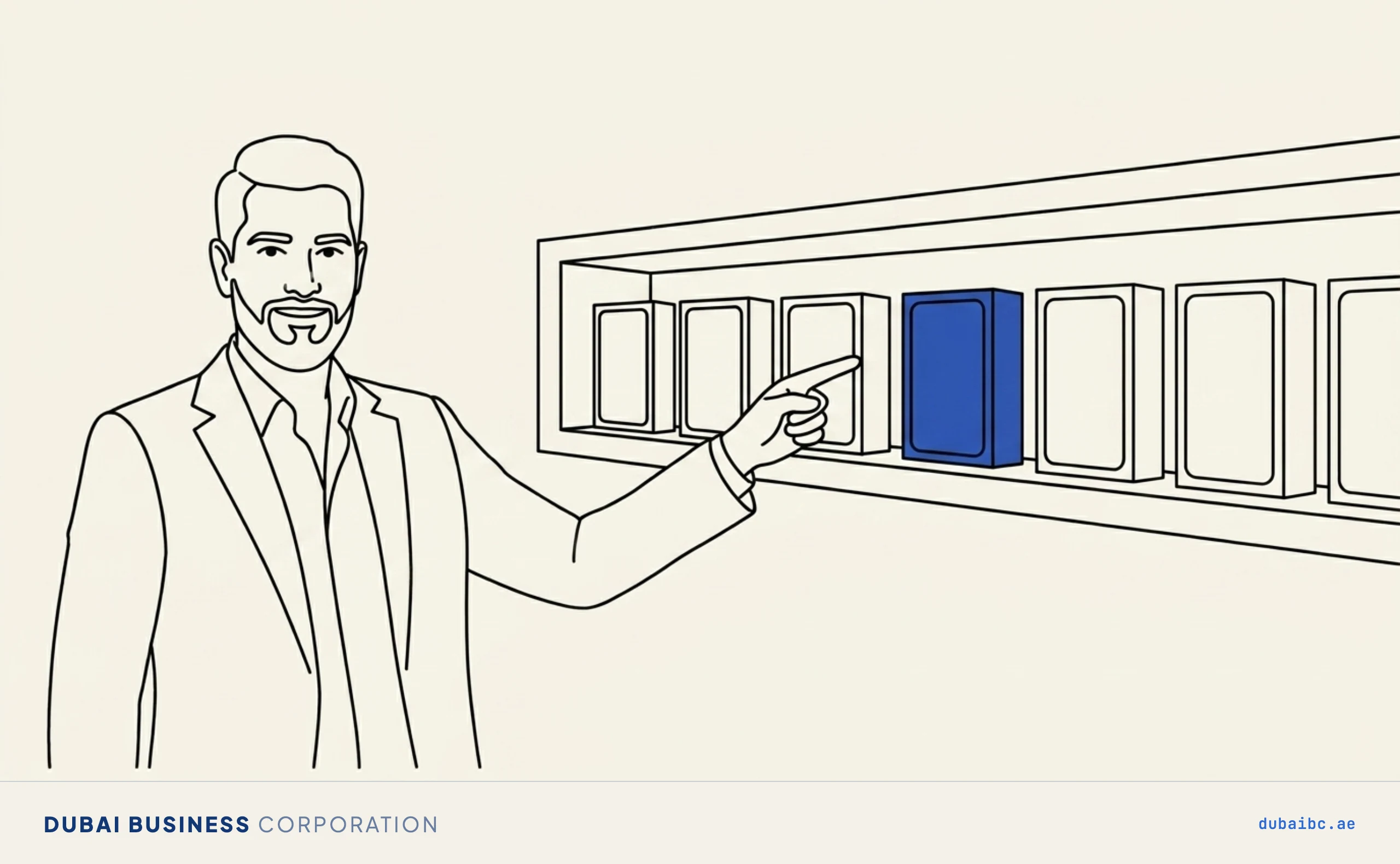 Line drawing of a man pointing at a shelf of identical device boxes, one royal-blue.