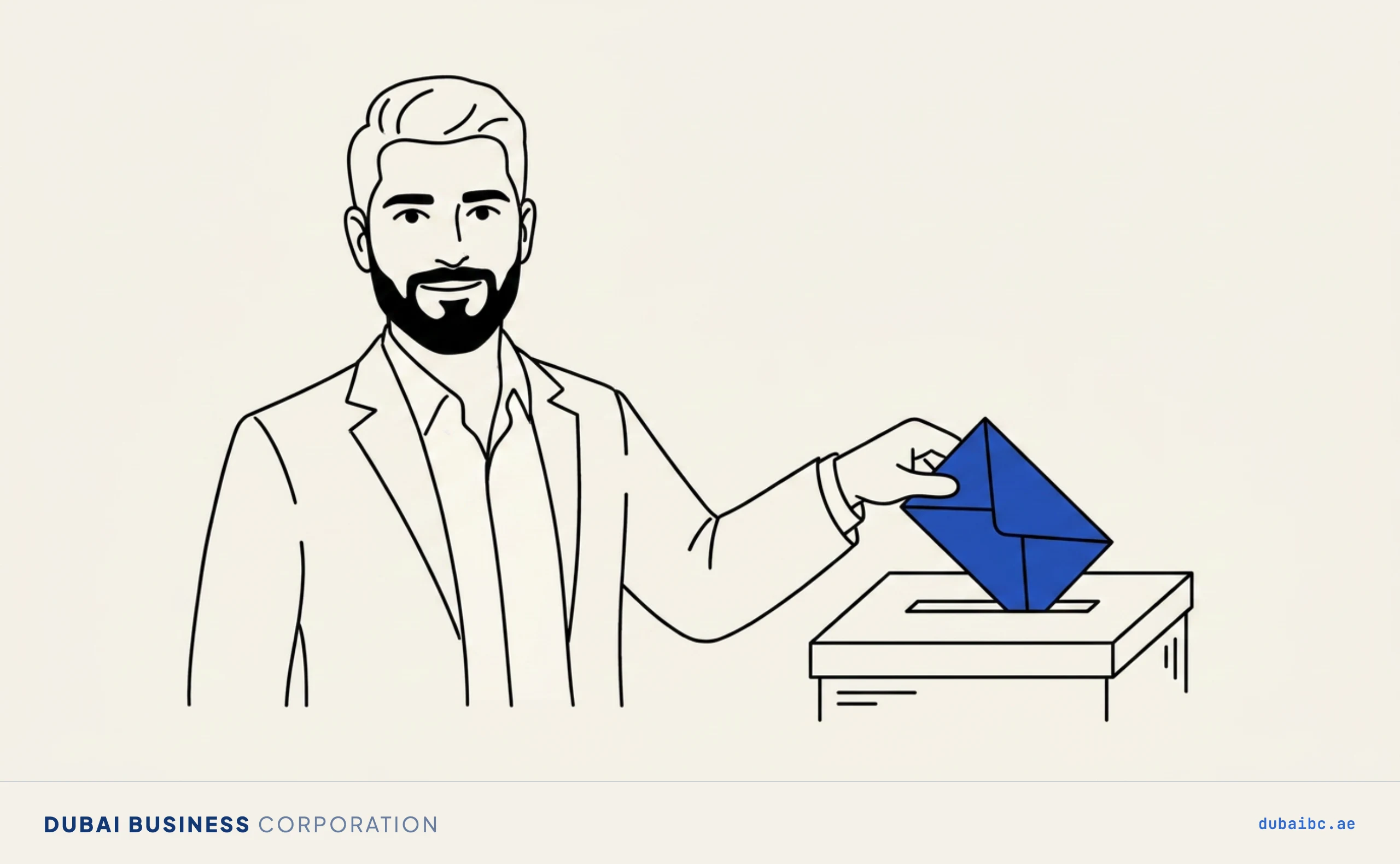Line drawing of a man dropping a single royal-blue sealed envelope into a plain tender box.