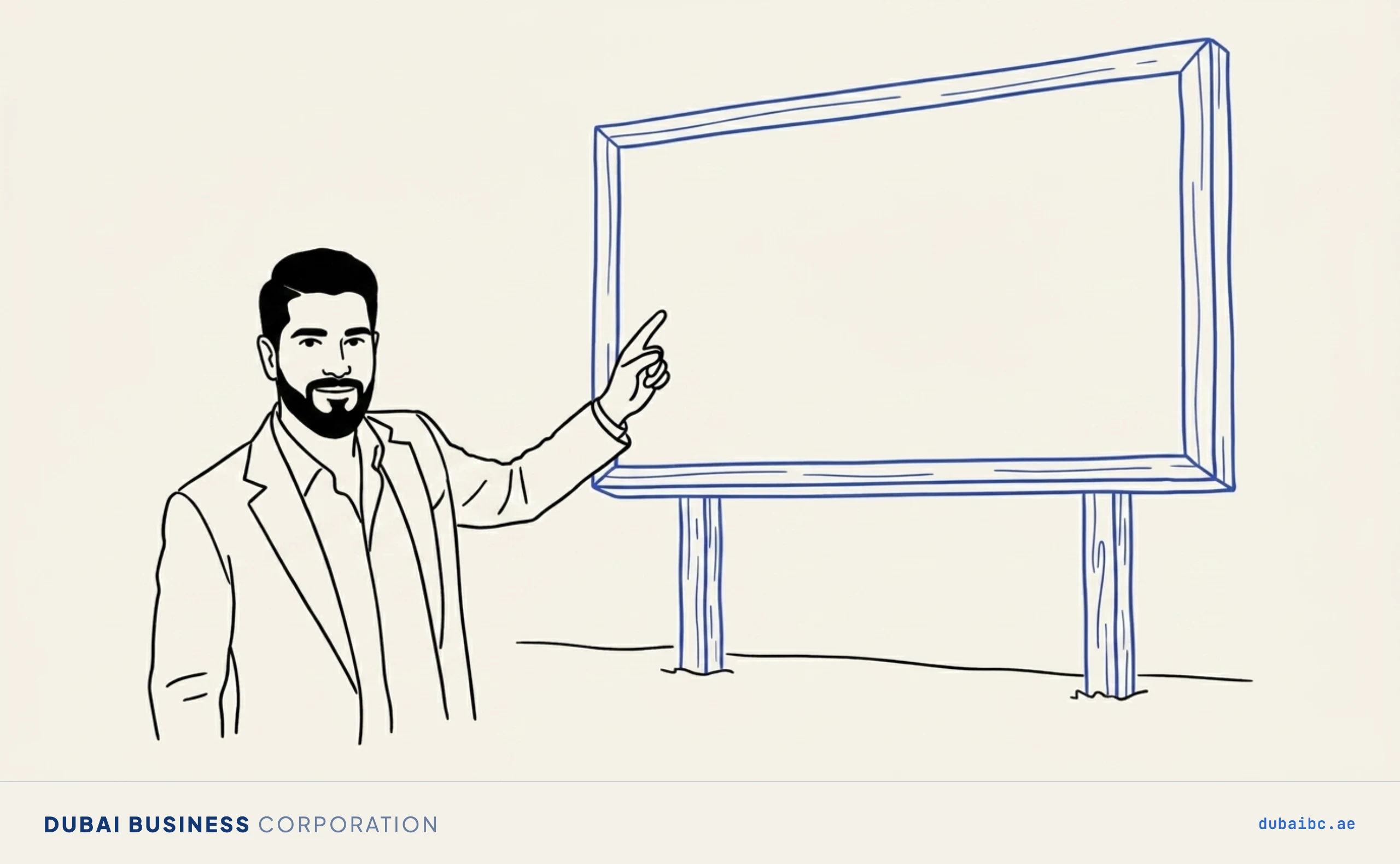 Ali points at an empty billboard, outdoor advertising.