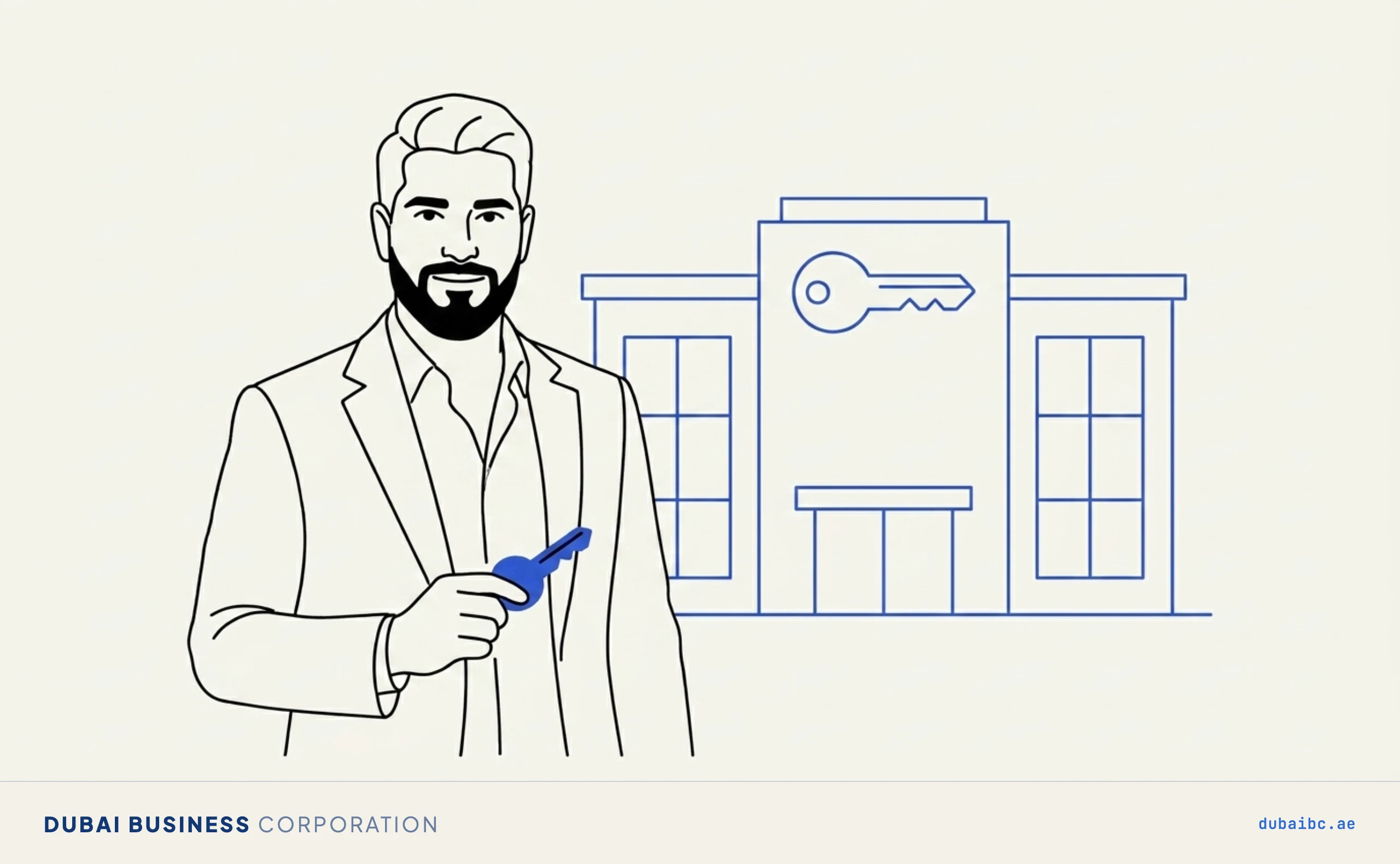 Ali with a key at an office, office space and Ejari