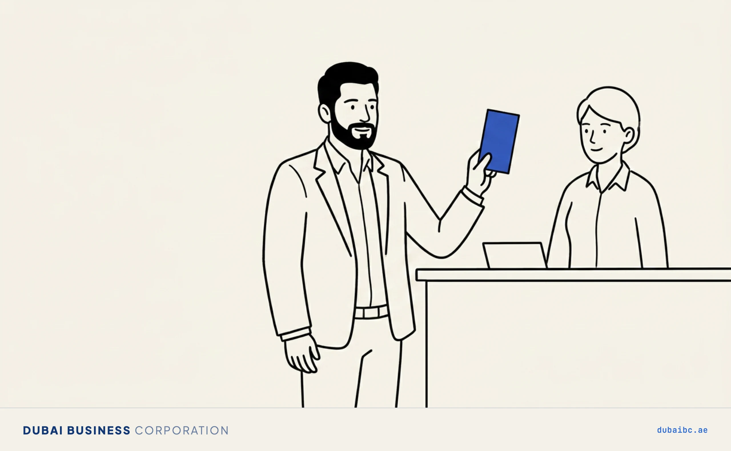 Line drawing of a man calmly raising a single blue ticket at a service counter to file a labour complaint.