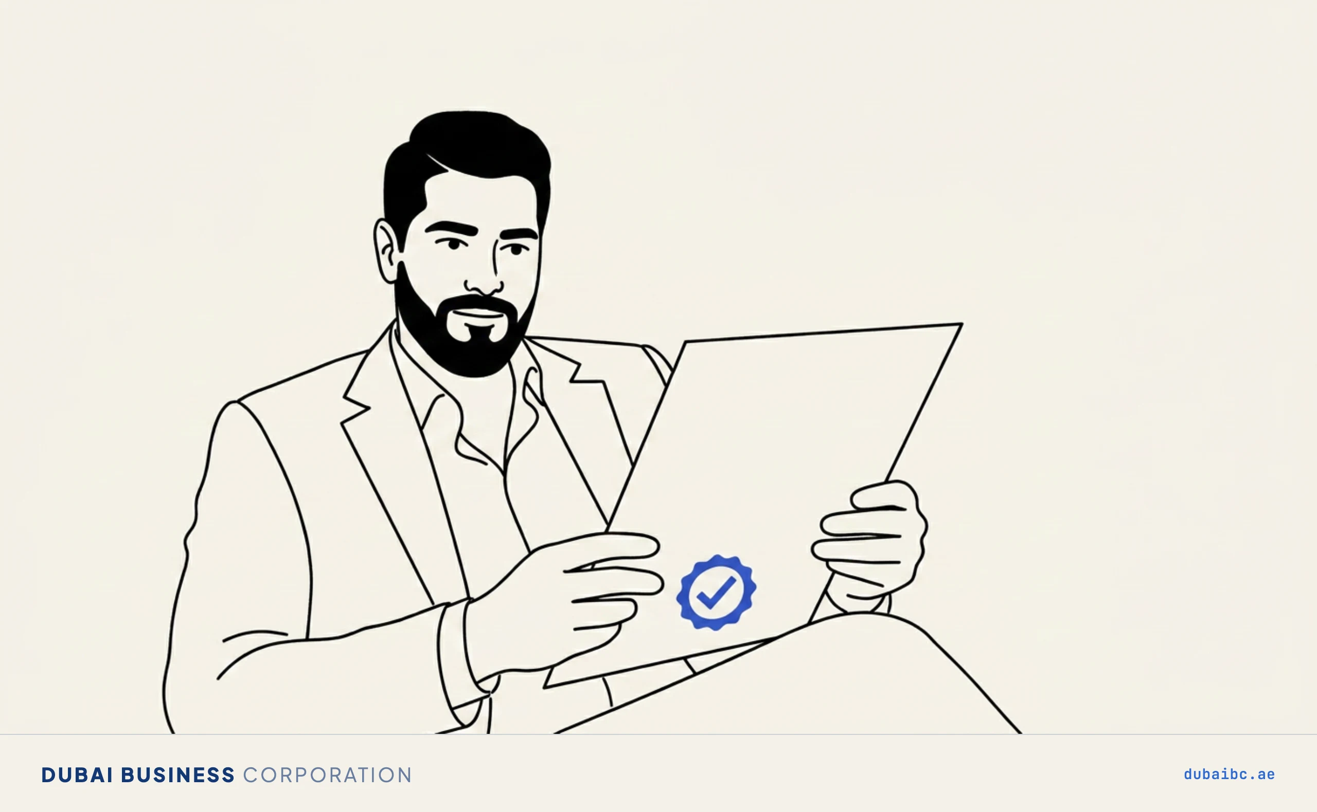 Line drawing of a man reading an open document marked with a single blue verified seal, checking a labour contract.