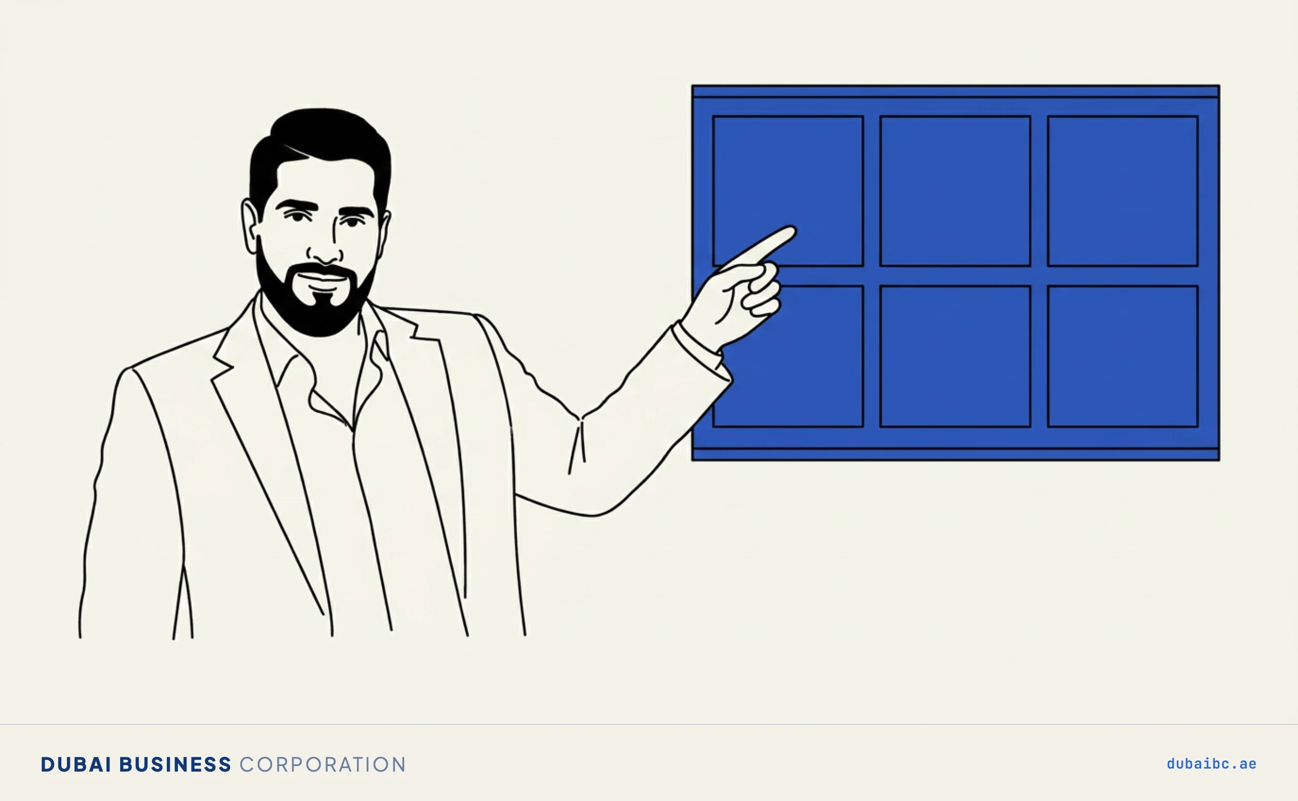 Line drawing of a man gesturing at a blue board of six blank tiles, choosing which of the six MOHRE checks he needs.