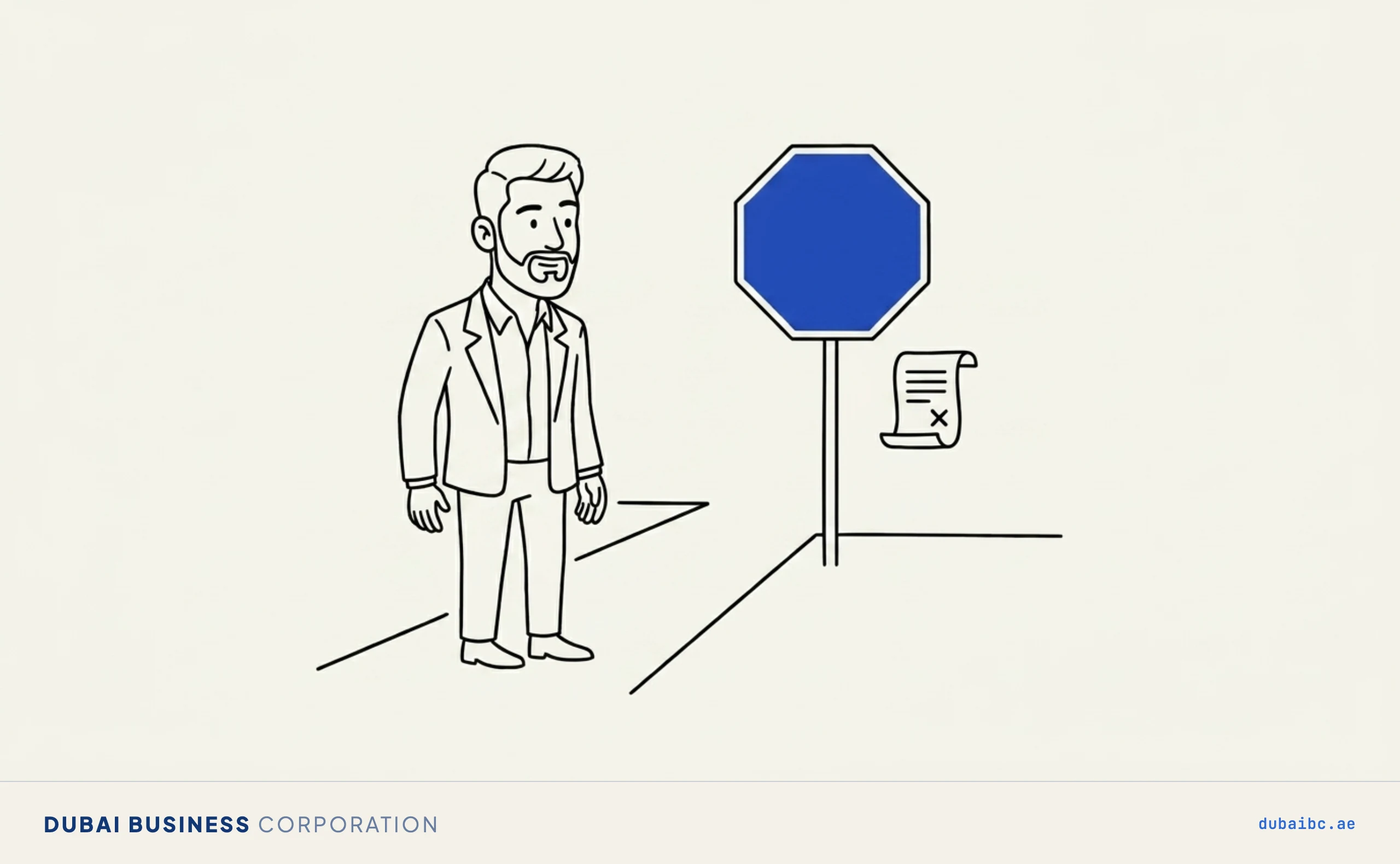 Line drawing of a man pausing at a single royal-blue stop sign on a plain path.