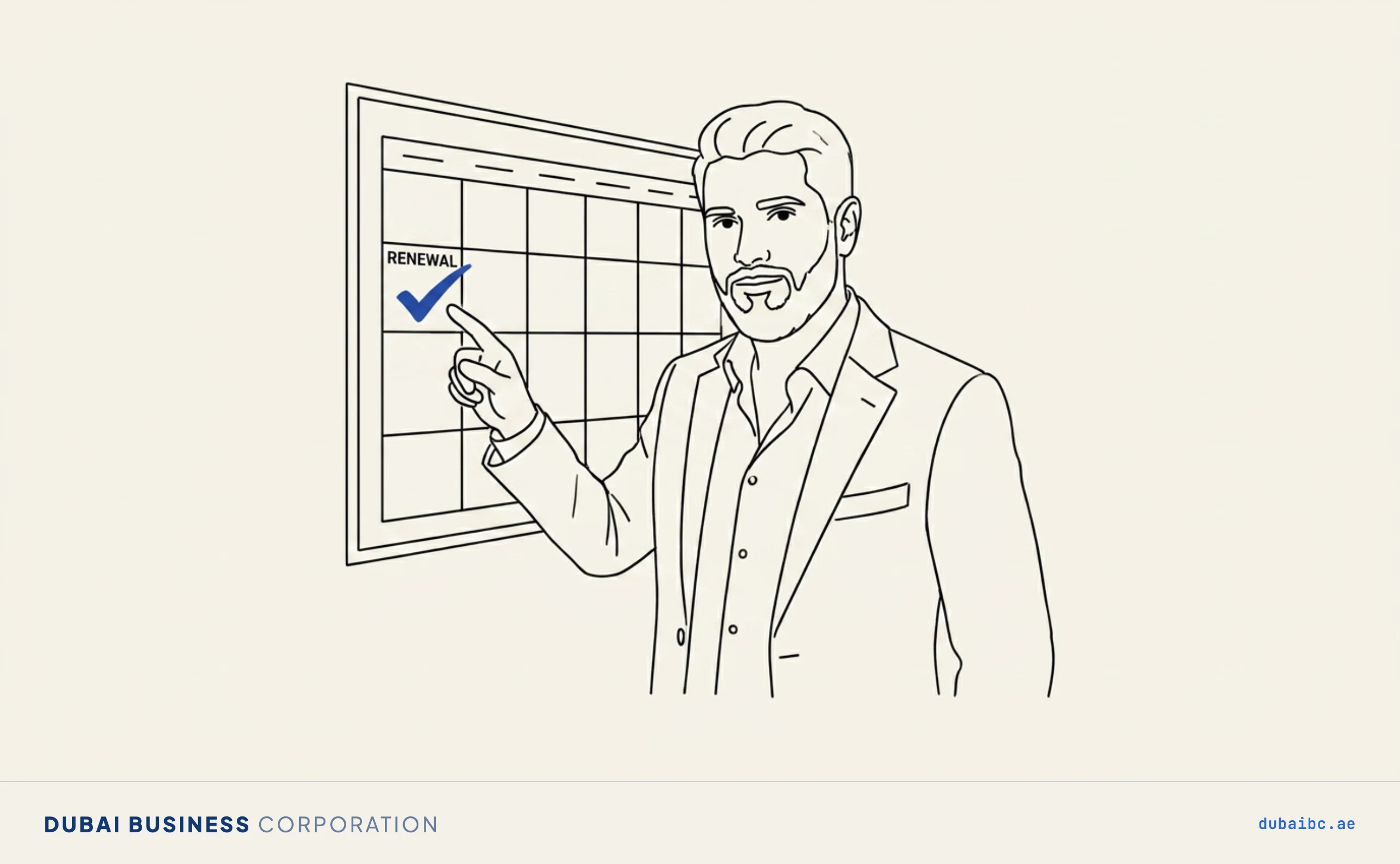 Line drawing of a man tapping a single royal-blue checkmark on a plain wall tracker.