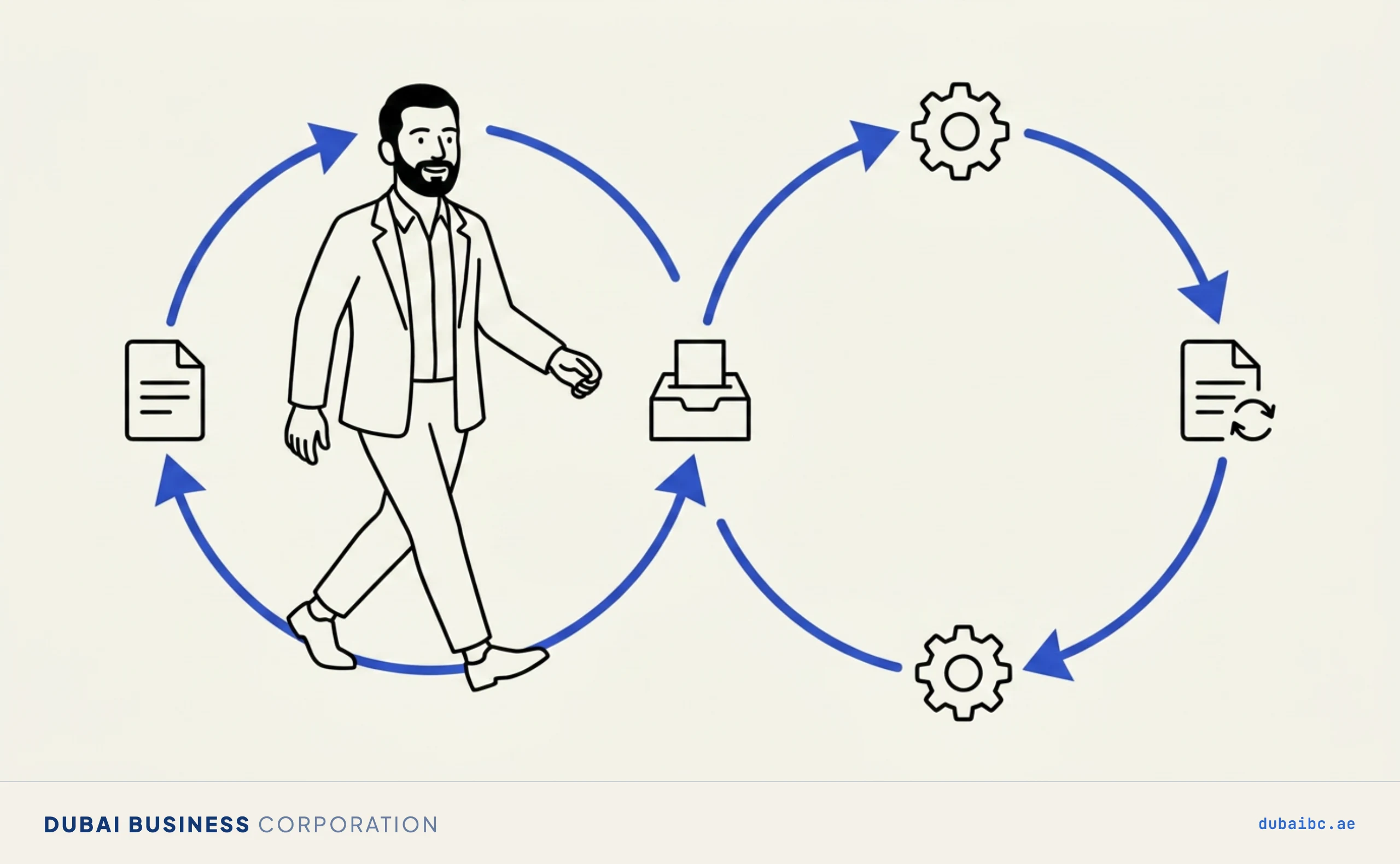 Line drawing of a man following a single royal-blue arrow around a circular sequence of steps.