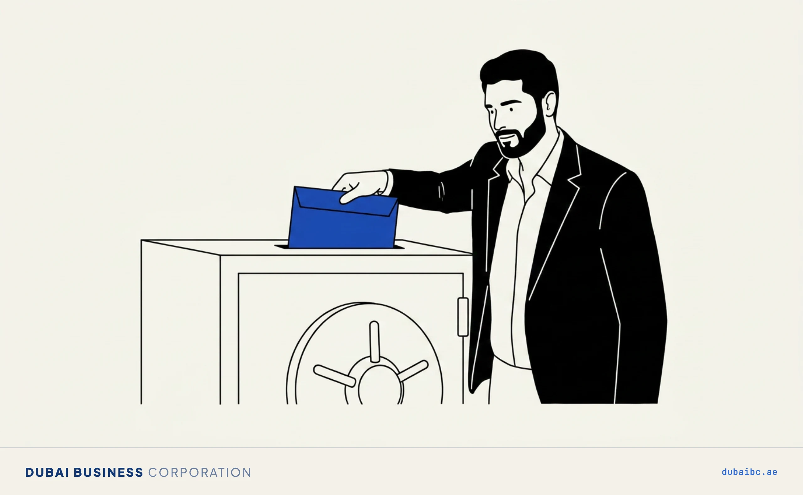 Line drawing of a man placing a single royal-blue sealed deposit into a plain vault.