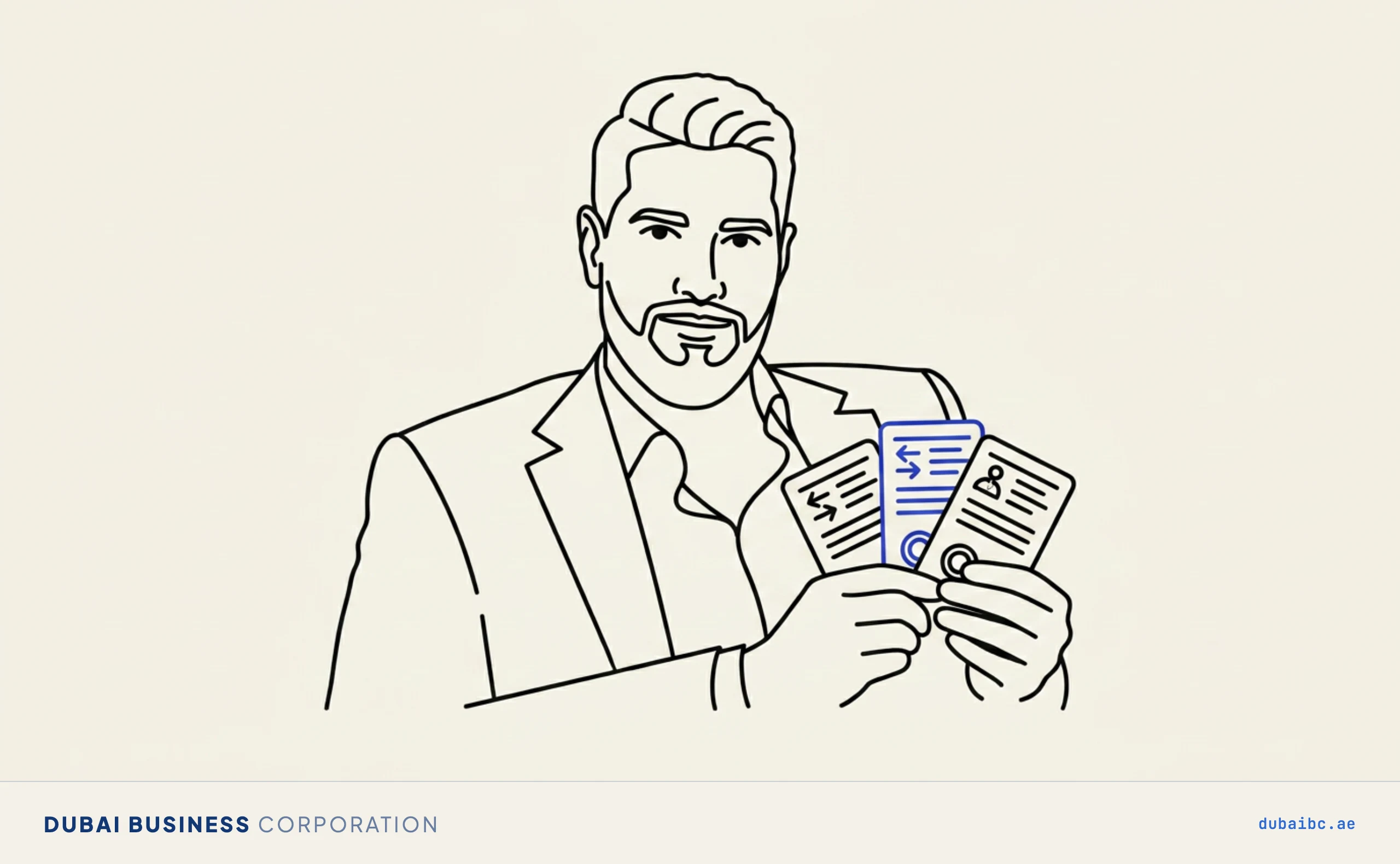 Line drawing of a man holding three route cards fanned out, one royal-blue.