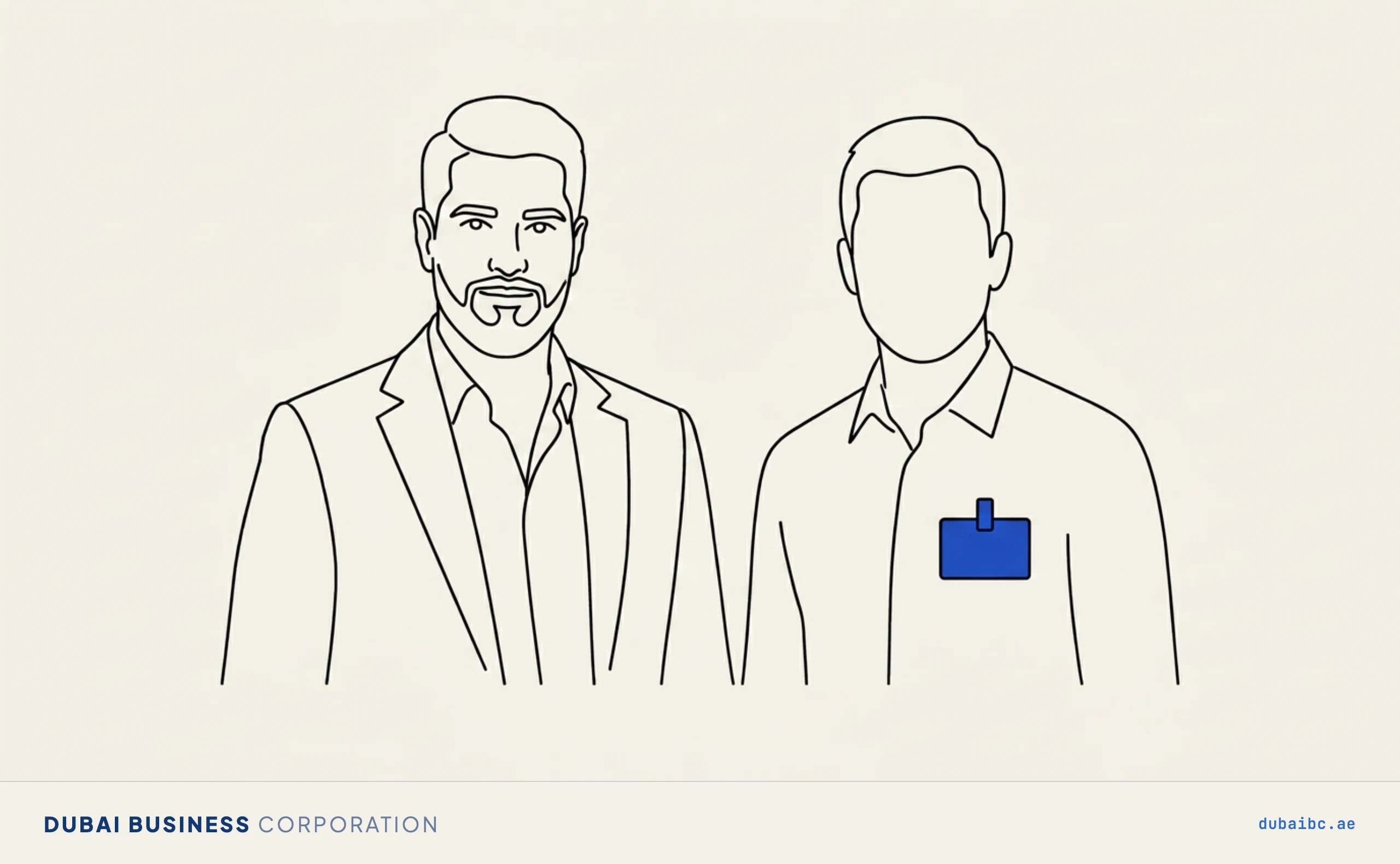 Line drawing of a man beside a manager figure wearing a single royal-blue qualification badge.