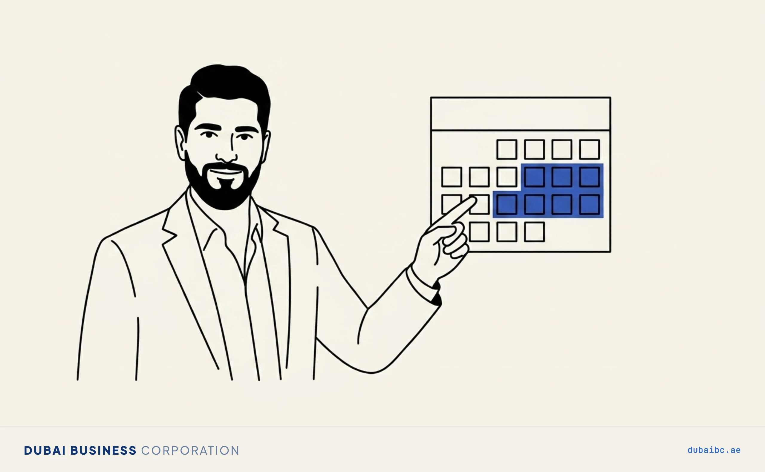 Line drawing of a man pointing at a calendar with a block of days shaded royal-blue.