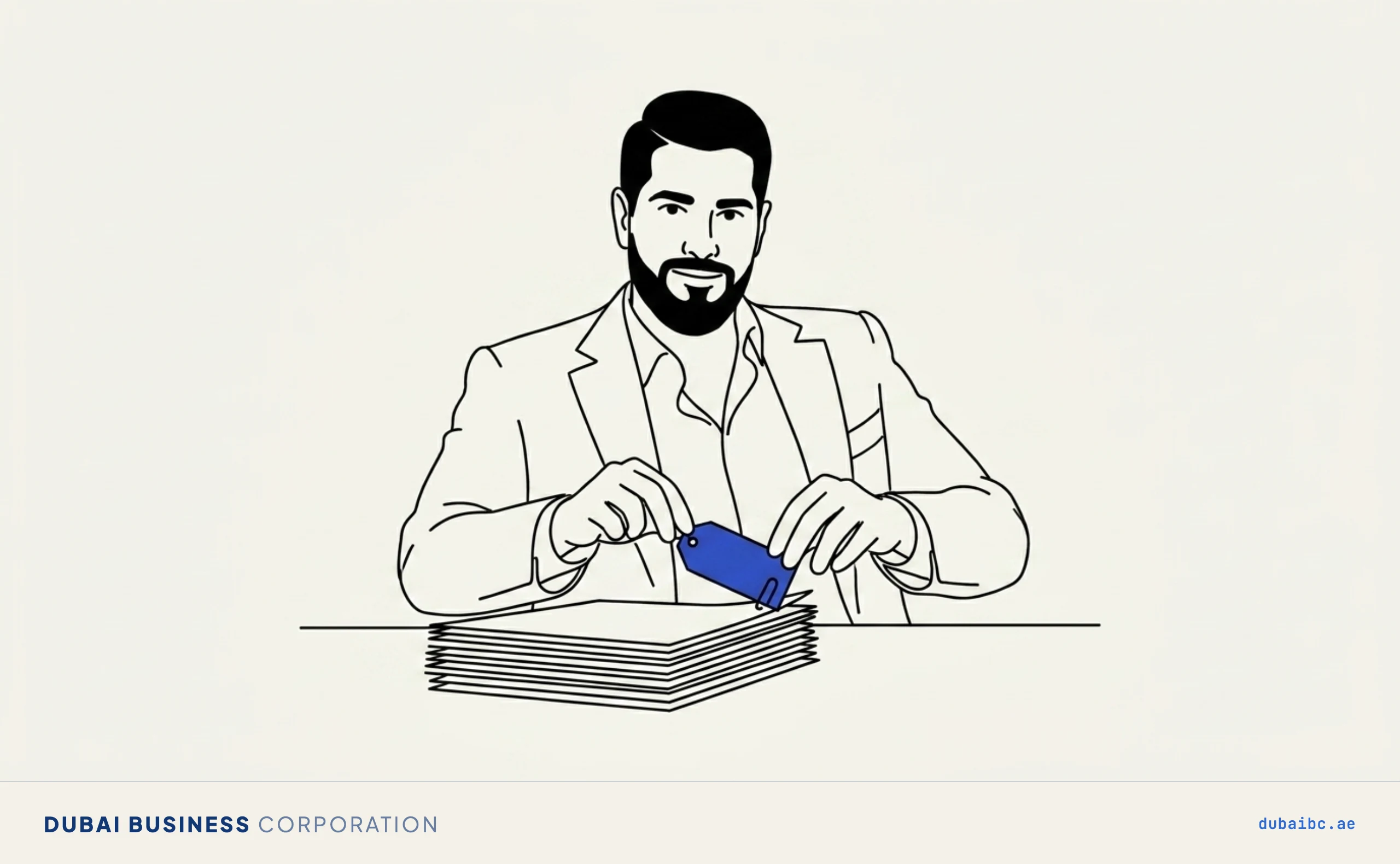 Line drawing of a man clipping a single royal-blue tag onto a neat stack of prepared papers.