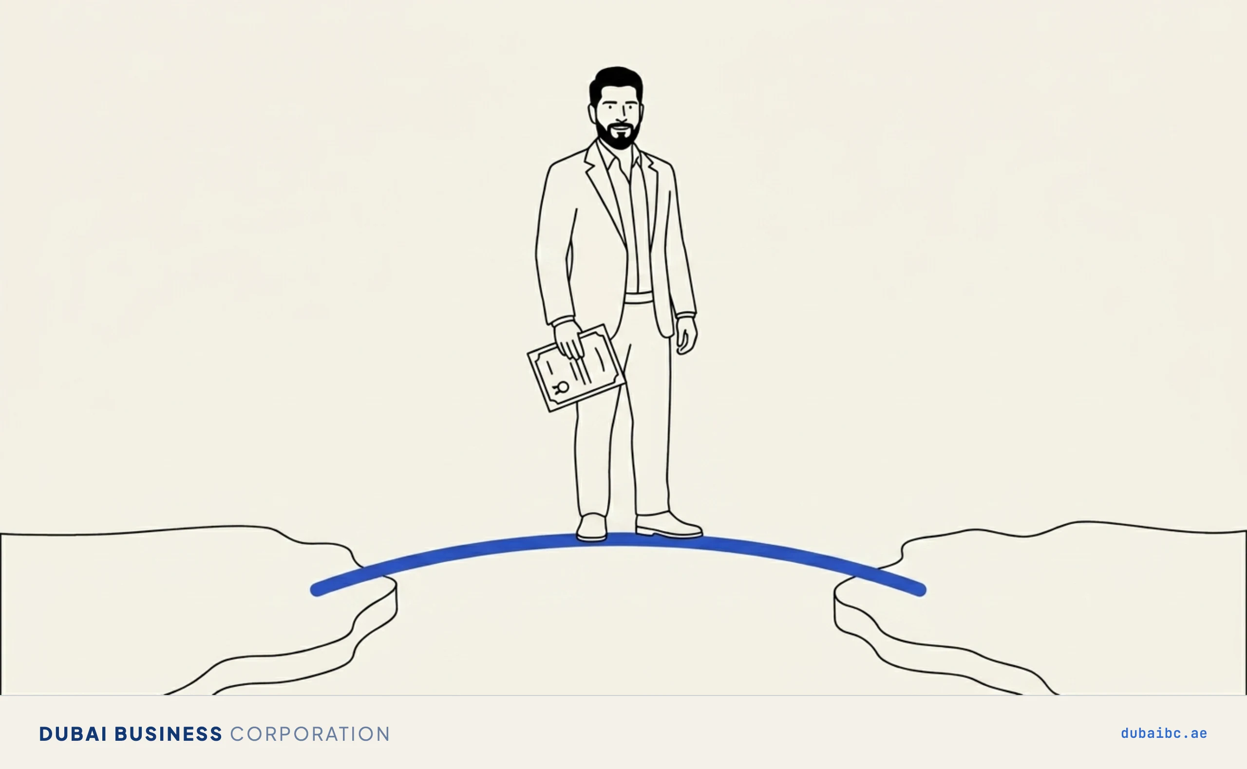 Line drawing of a man standing on a single royal-blue bridge arc linking two plain landmasses.