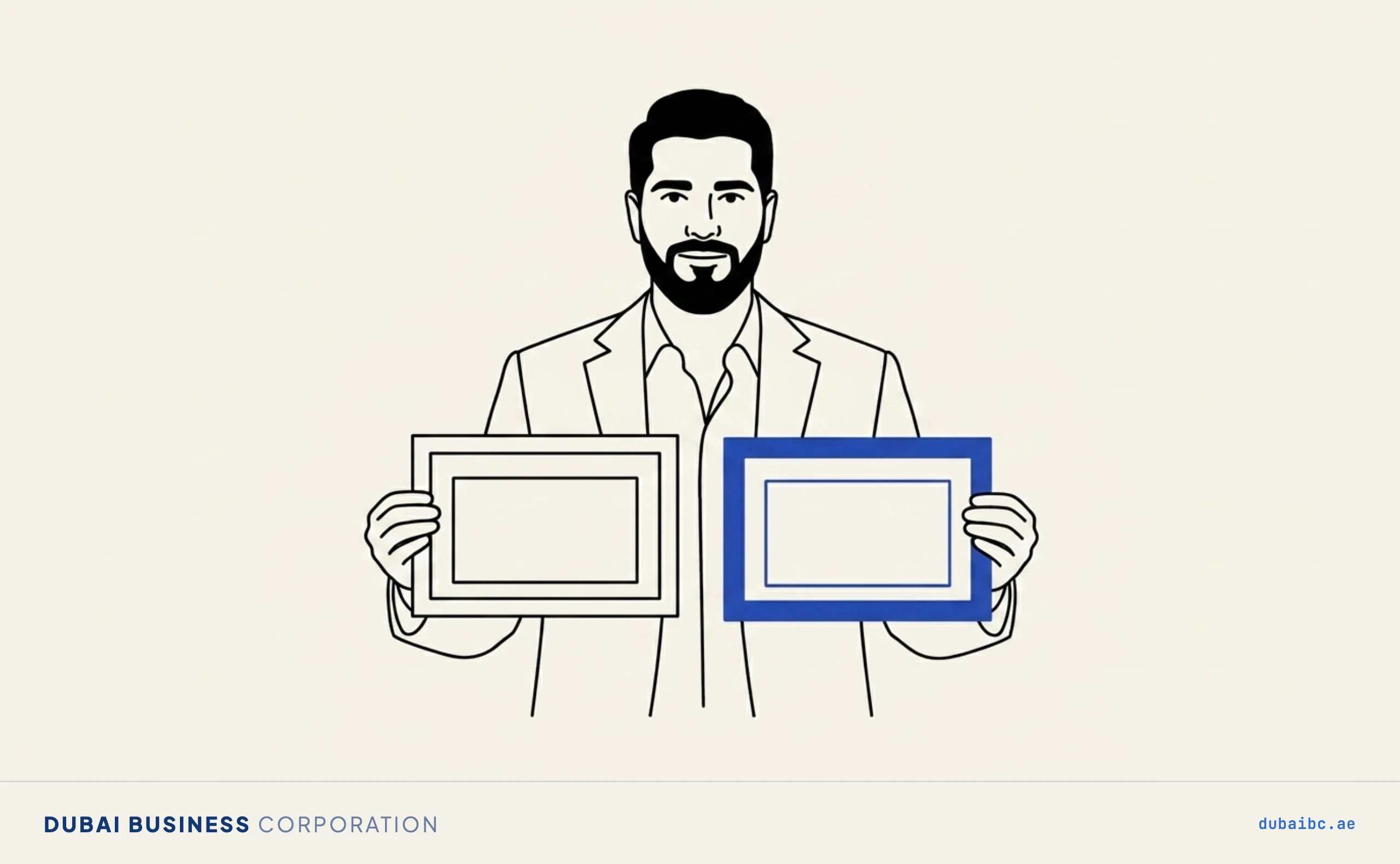Line drawing of a man holding up two certificates side by side, one royal-blue.