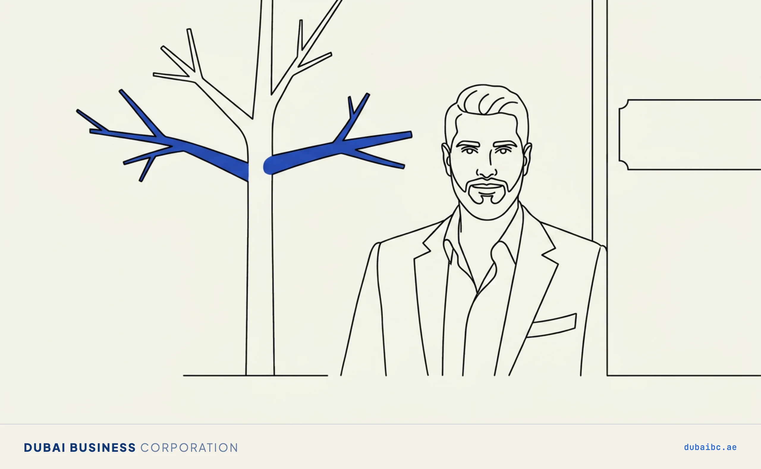 Ali by a tree with a reaching branch, the branch office