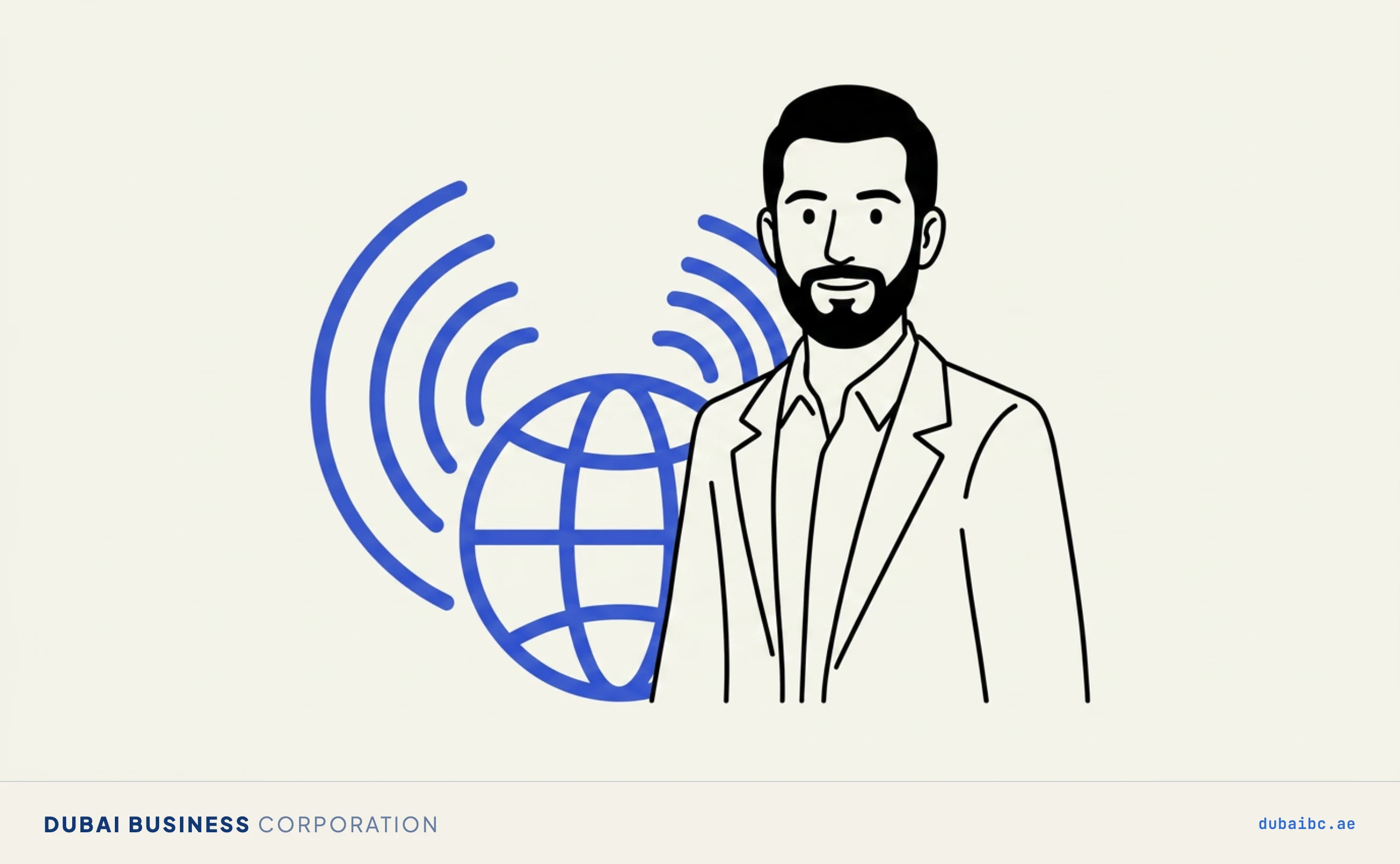 Ali stands by a globe, digital services.