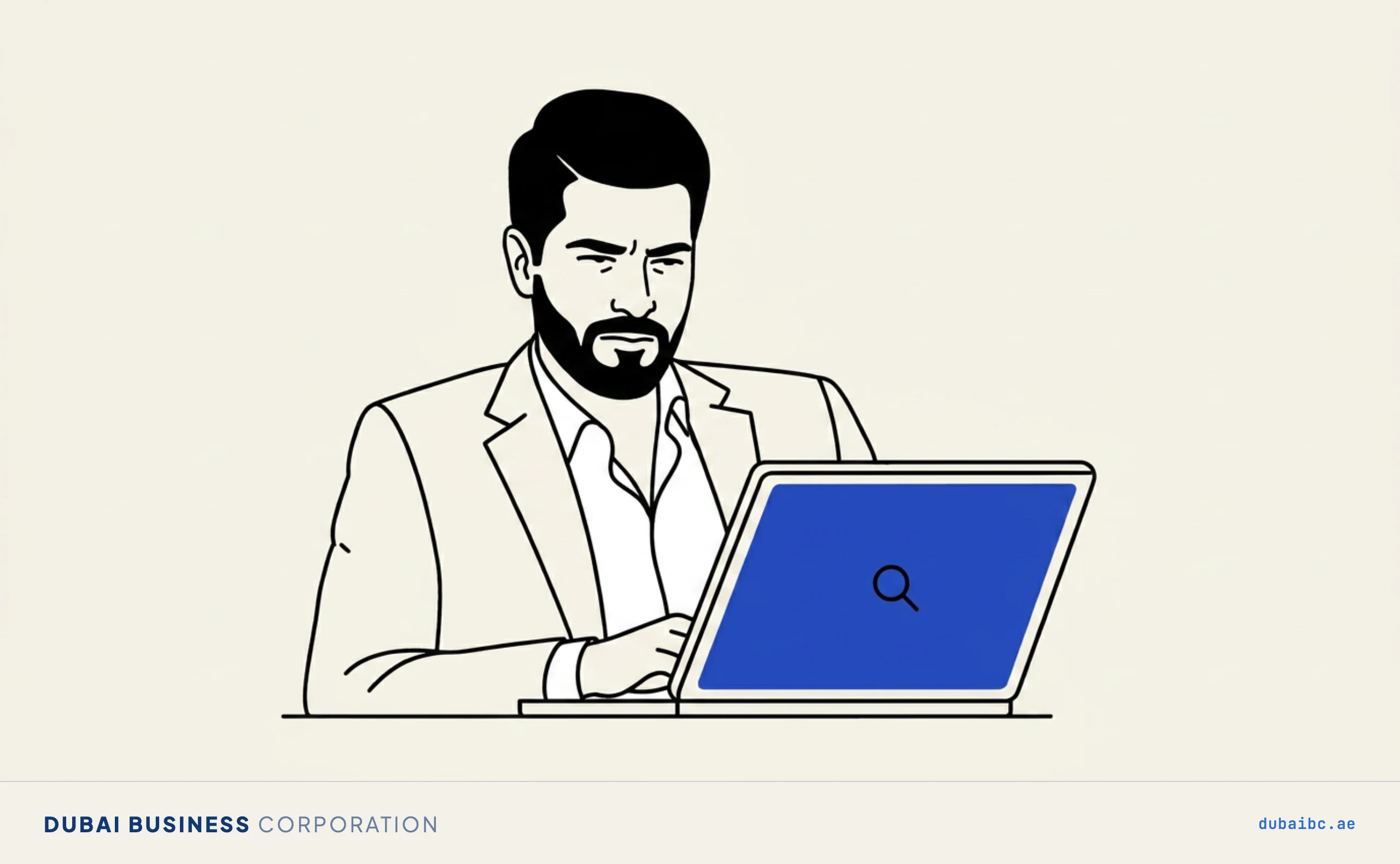 Line drawing of a man squinting at a laptop showing a blank blue empty-result panel, realising it is a typo.