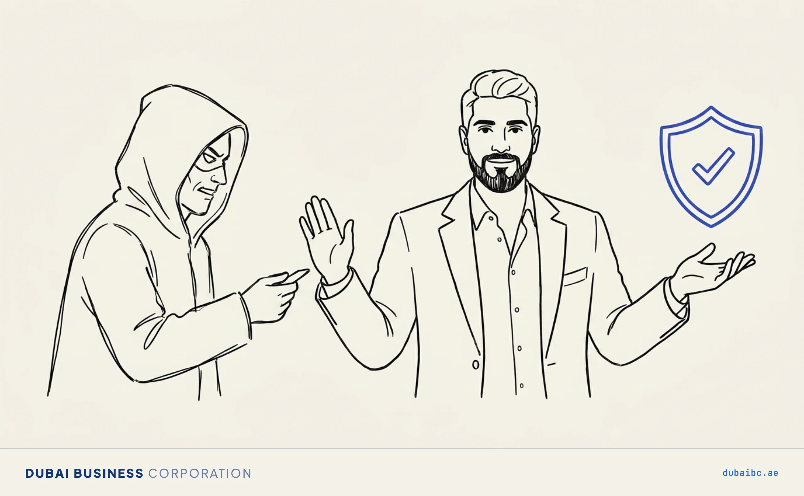 Line drawing of a man declining a shady lookalike figure with a raised palm while a blue shield marks the official route.