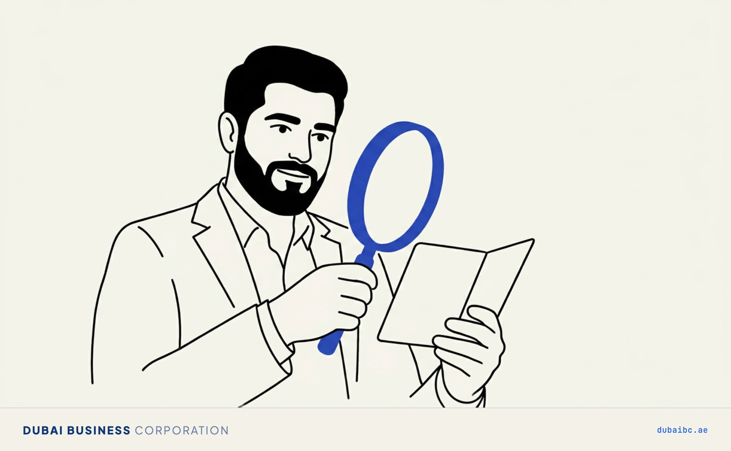 Line drawing of a man holding a blue magnifying glass over an open passport to check a status.