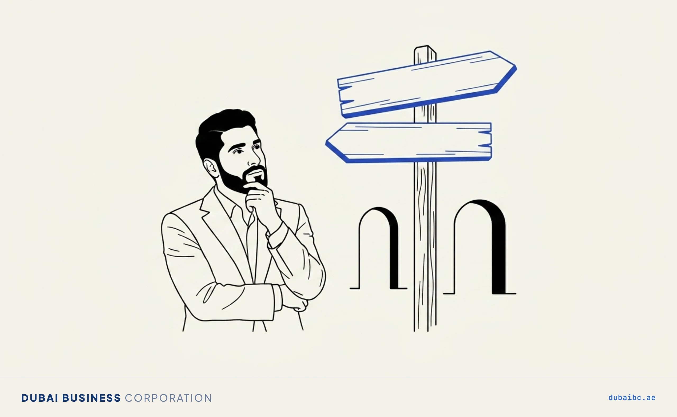 Line drawing of a man at a signpost with two blue arrows pointing opposite ways, choosing between two official portals.