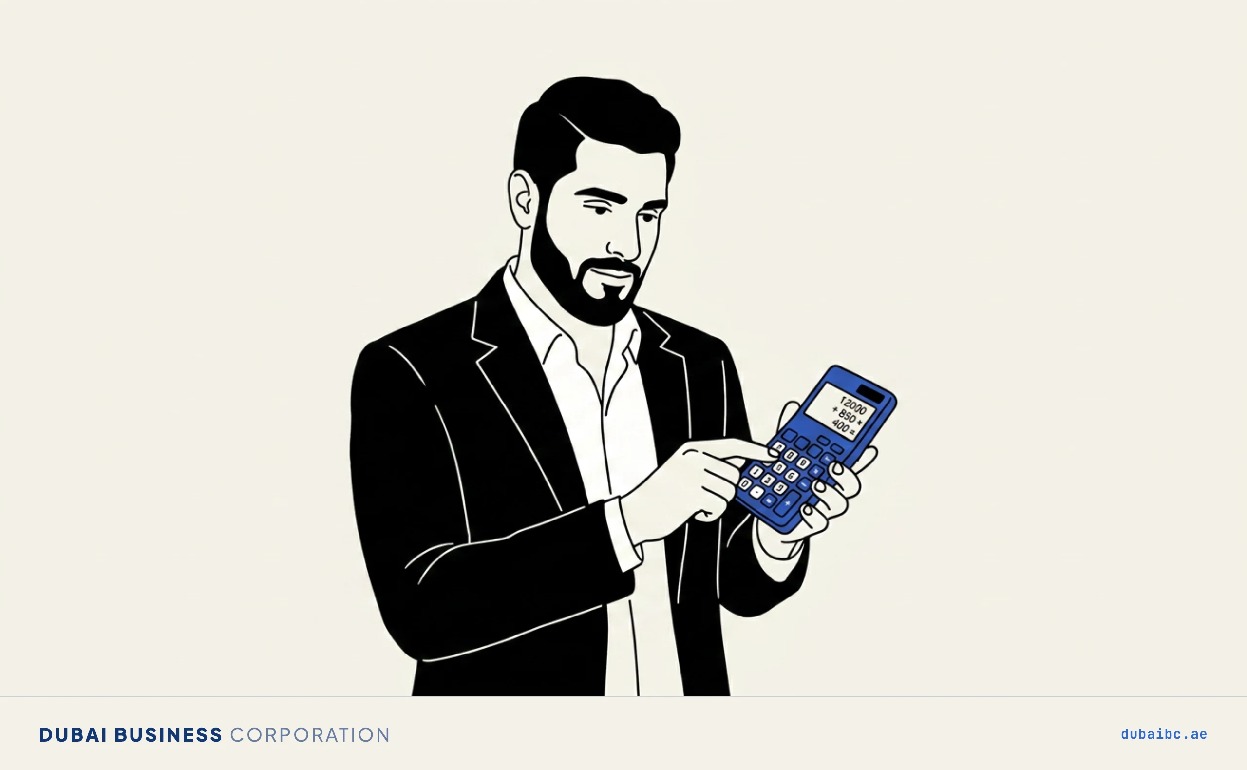 Line drawing of a man holding a single royal-blue handheld calculator.