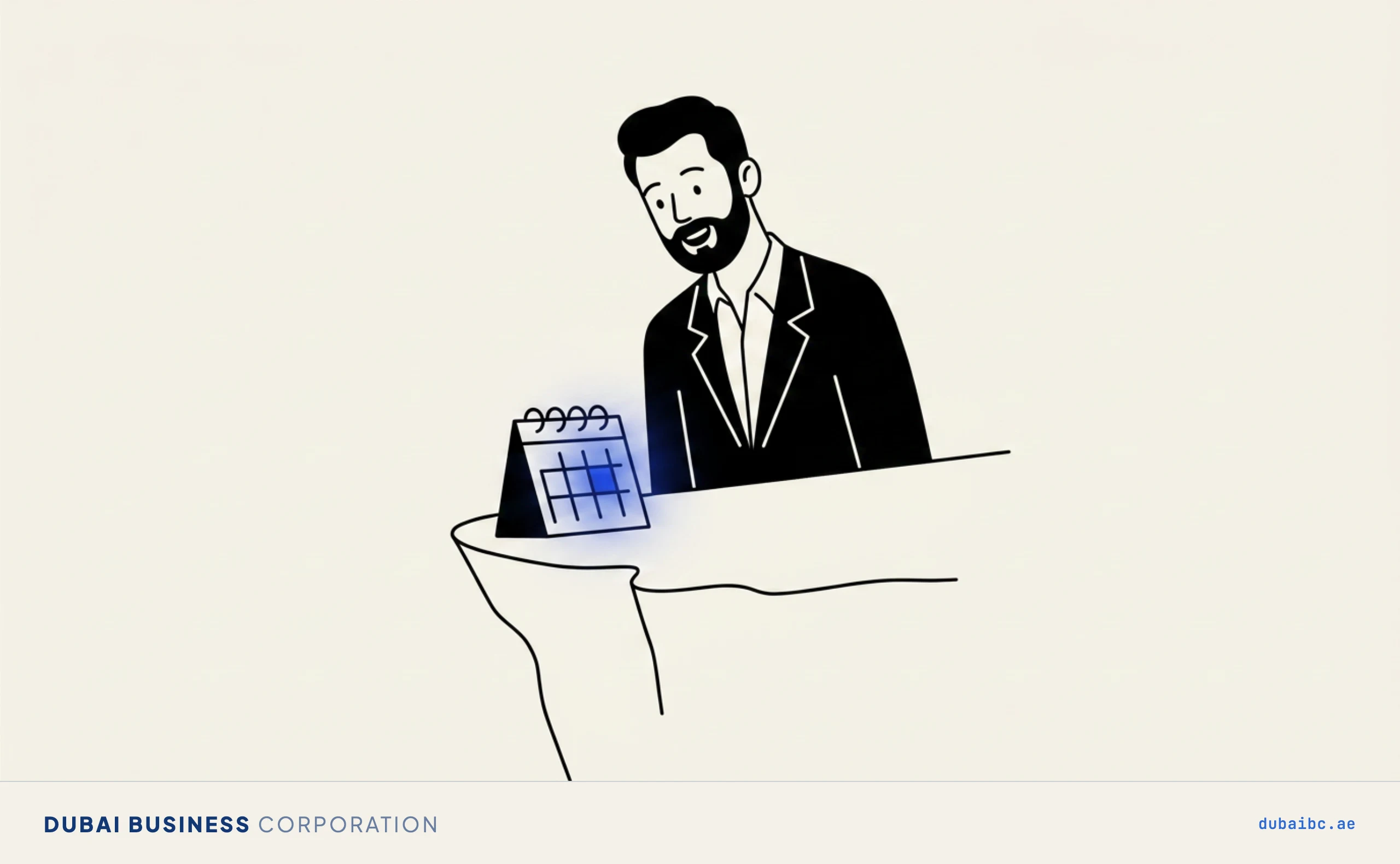 Line drawing of a man at a cliff edge with a single royal-blue day glowing on a small calendar.