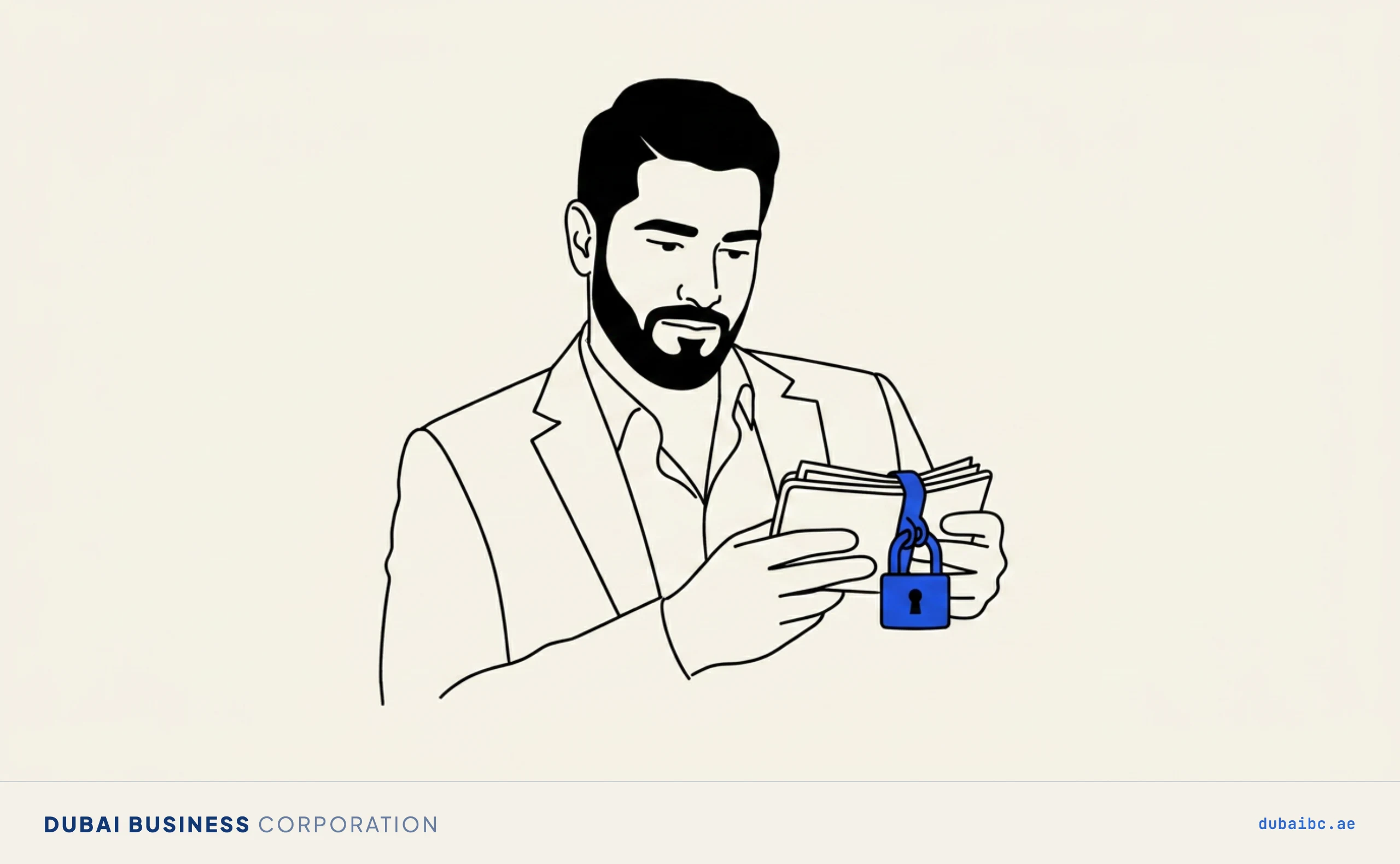 Line drawing of a man looking at a wallet held shut by a single royal-blue padlock.