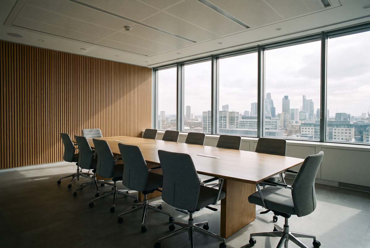 An executive boardroom high above the city