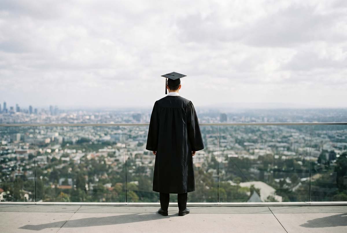A graduate looking out over the city from a terrace