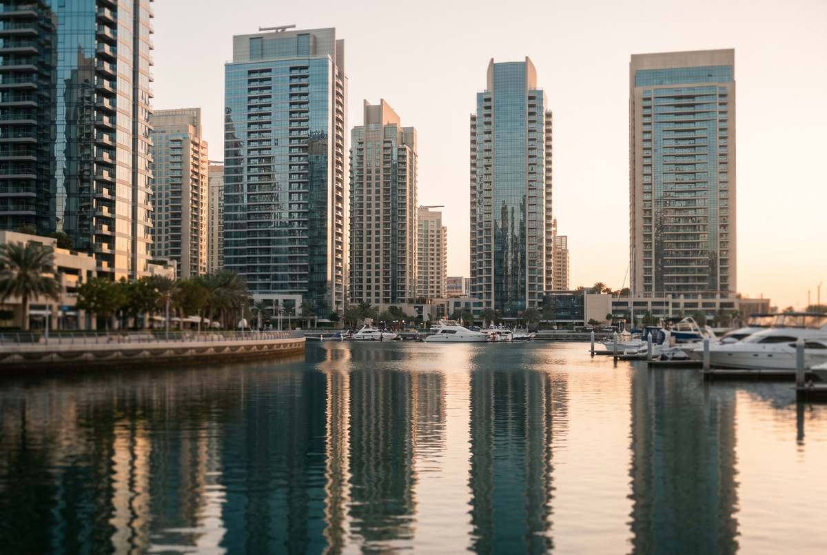Residential towers around Dubai Marina at dusk