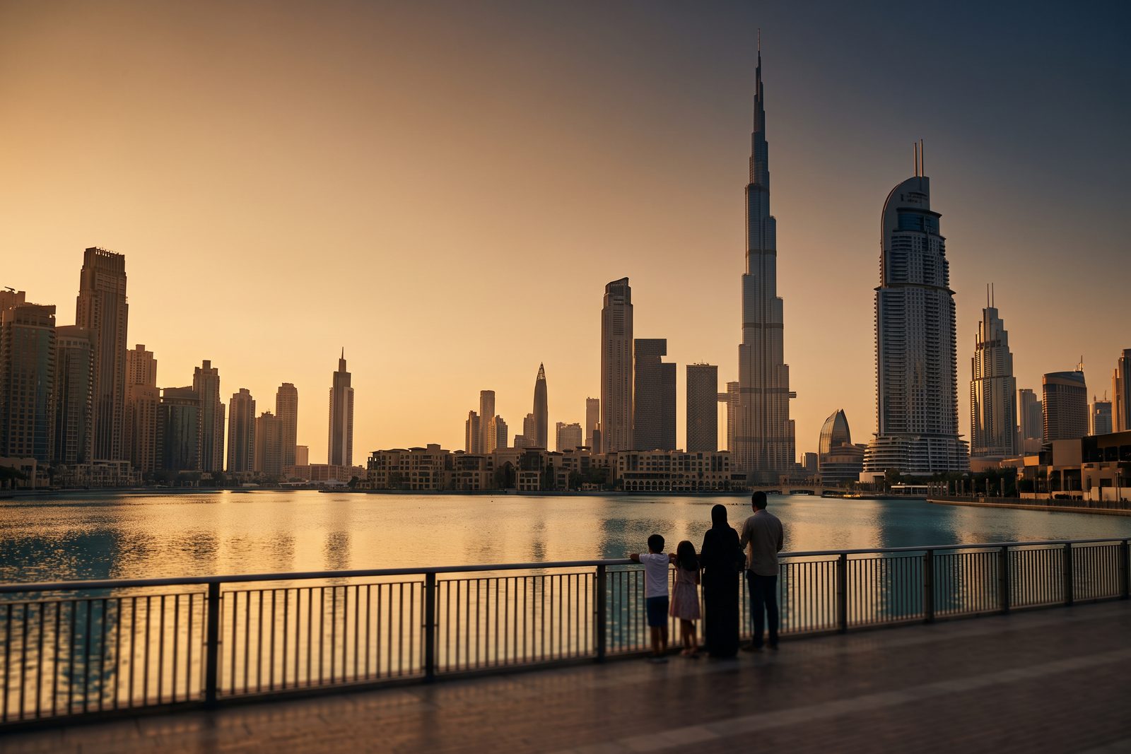 Downtown Dubai and the Burj Khalifa at golden hour, seen across Burj Lake